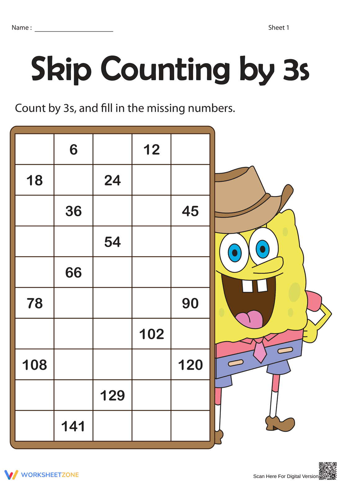 Skip Counting by 3s Worksheet for Math Practice - Page 1