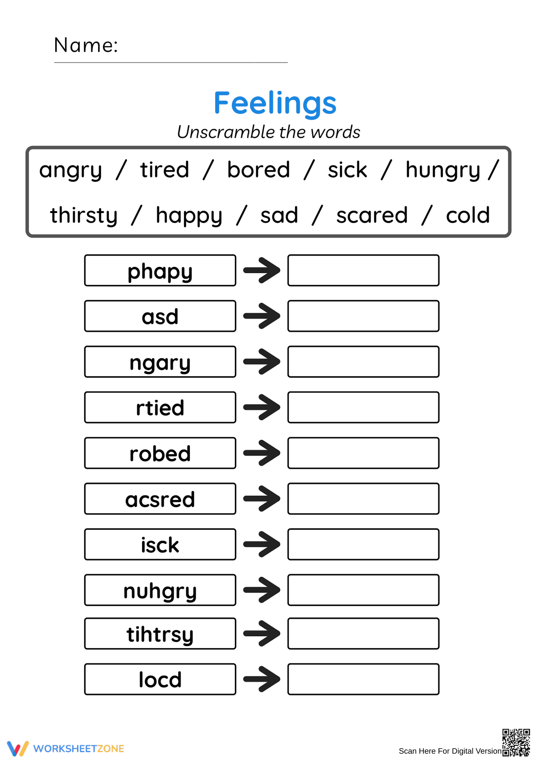 Unscramble the Words | Feelings Worksheet for Kids - Page 1