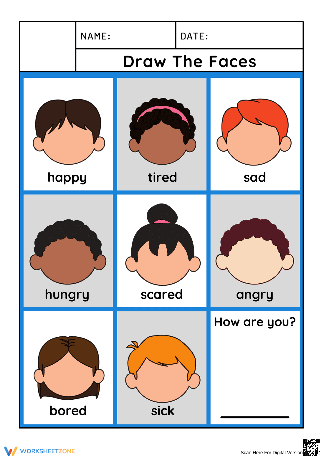Draw the Faces: Expressing Emotions Worksheet - Page 1