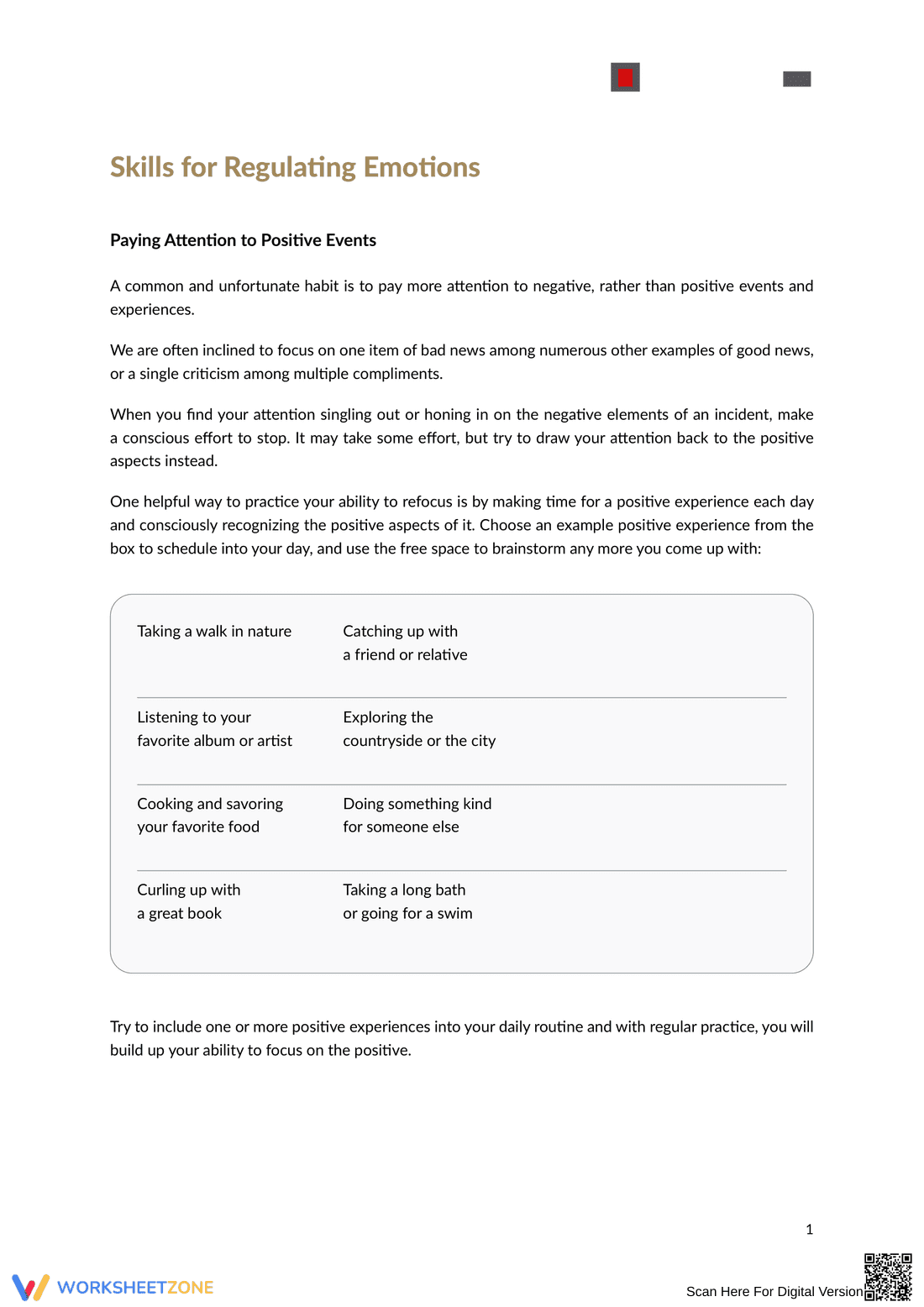 Skills for Regulating Emotions: An Updated Worksheet - Page 1