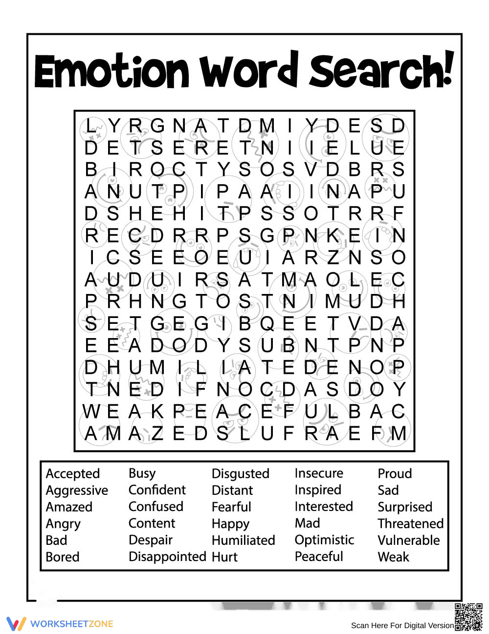 Emotion Wordsearch Puzzle Worksheet - Page 1