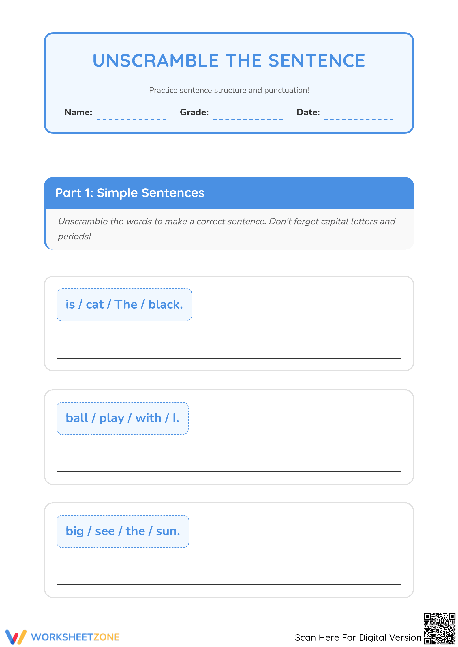 Unscramble the Sentence Worksheet | Grade 1 Printable - Page 1