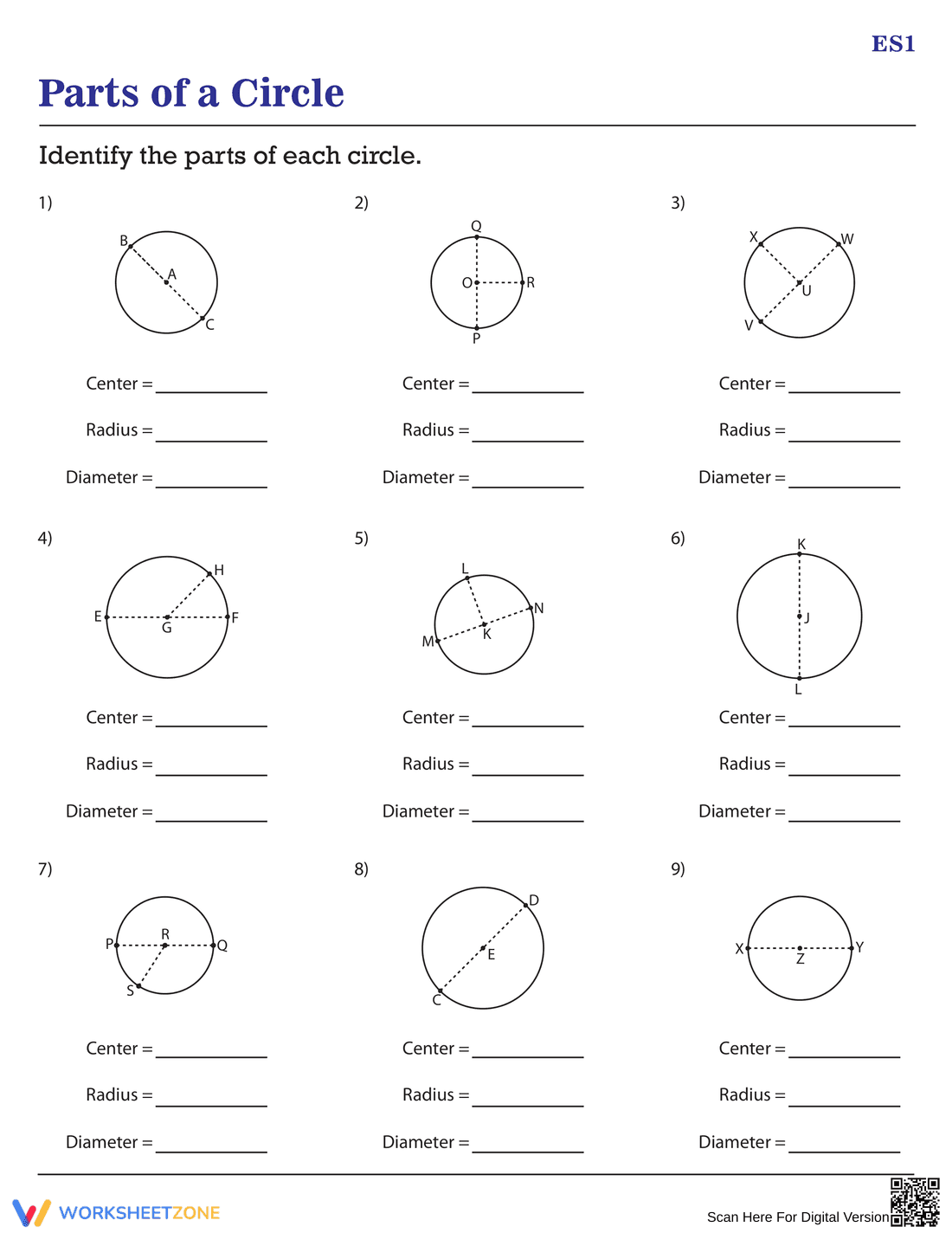 Parts of a Circle: Geometry Worksheet - Page 1