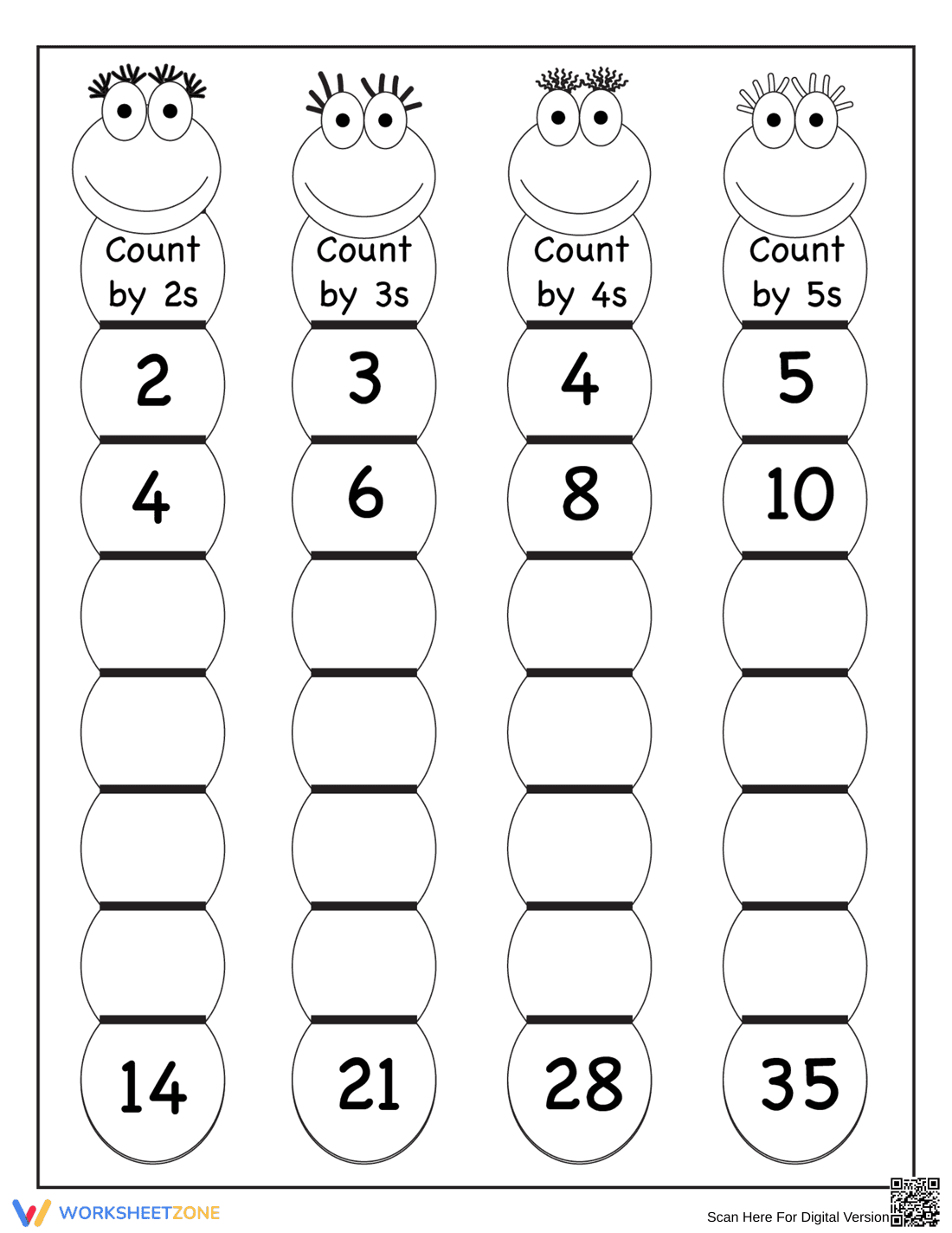 Skip Counting Fun: 2s, 3s, 4s, 5s Worksheet - Page 1
