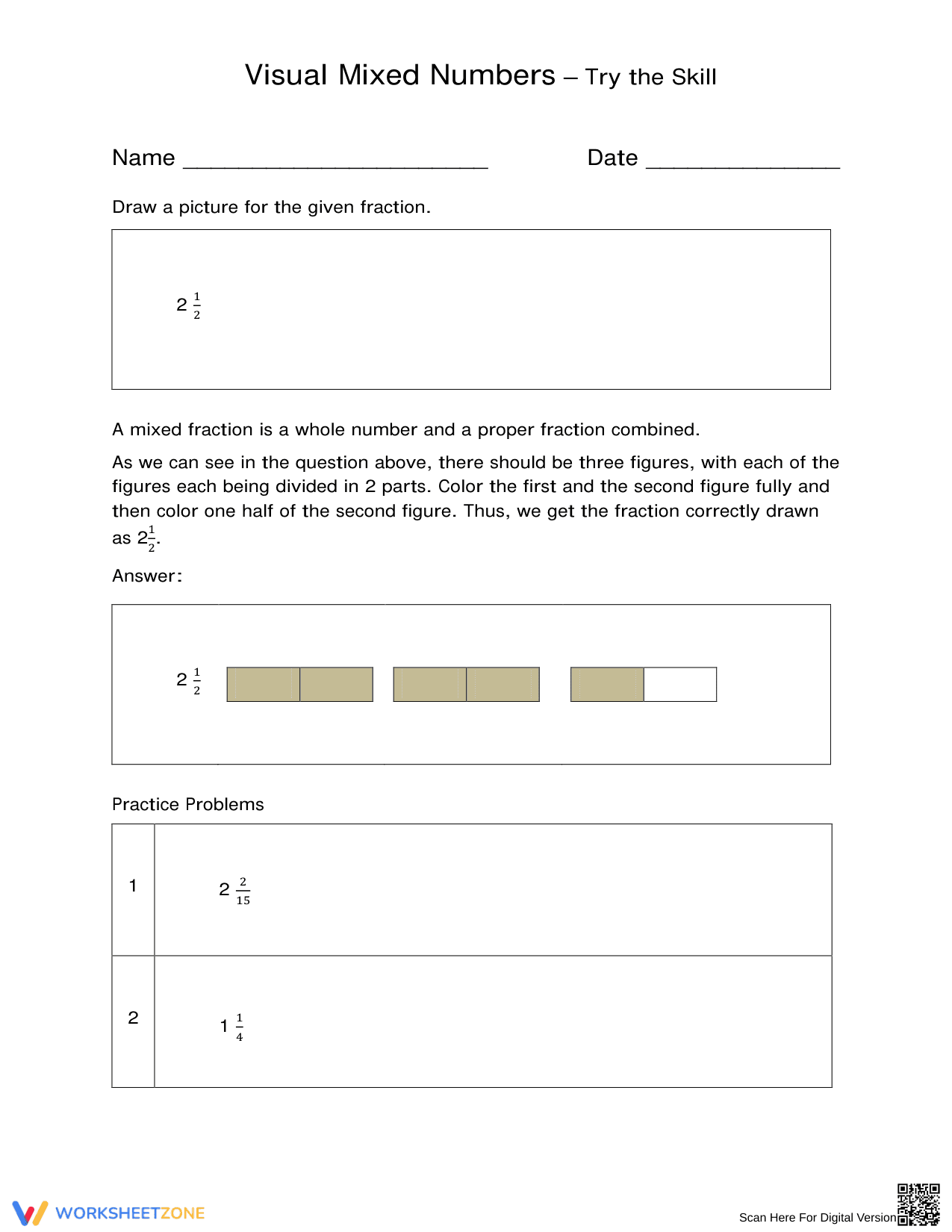 Visual Mixed Numbers Skill Worksheet - Page 1