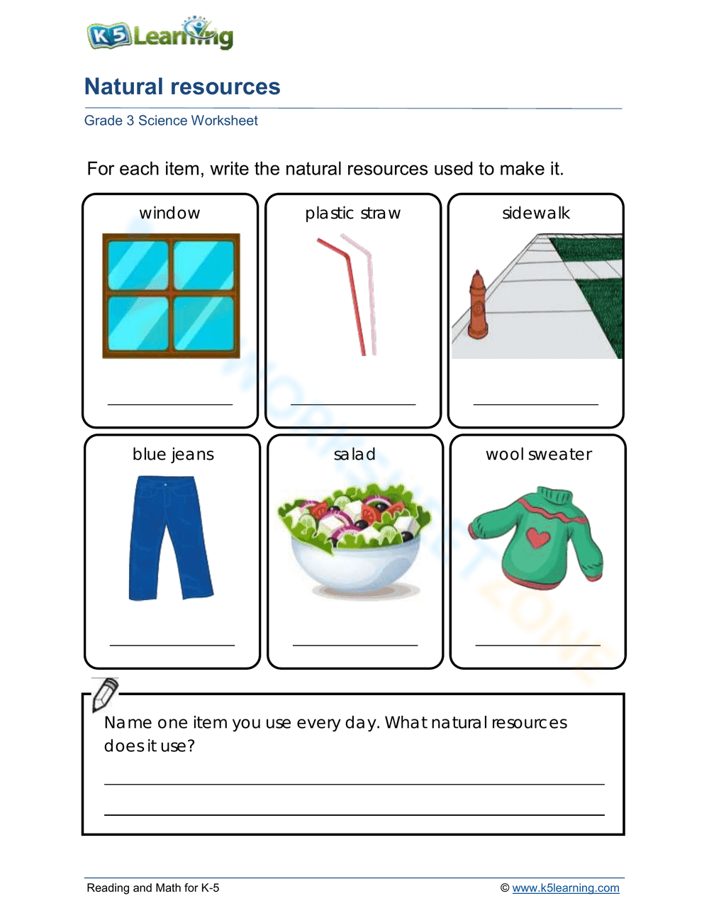 Natural Resources Worksheet for Kids - Page 1