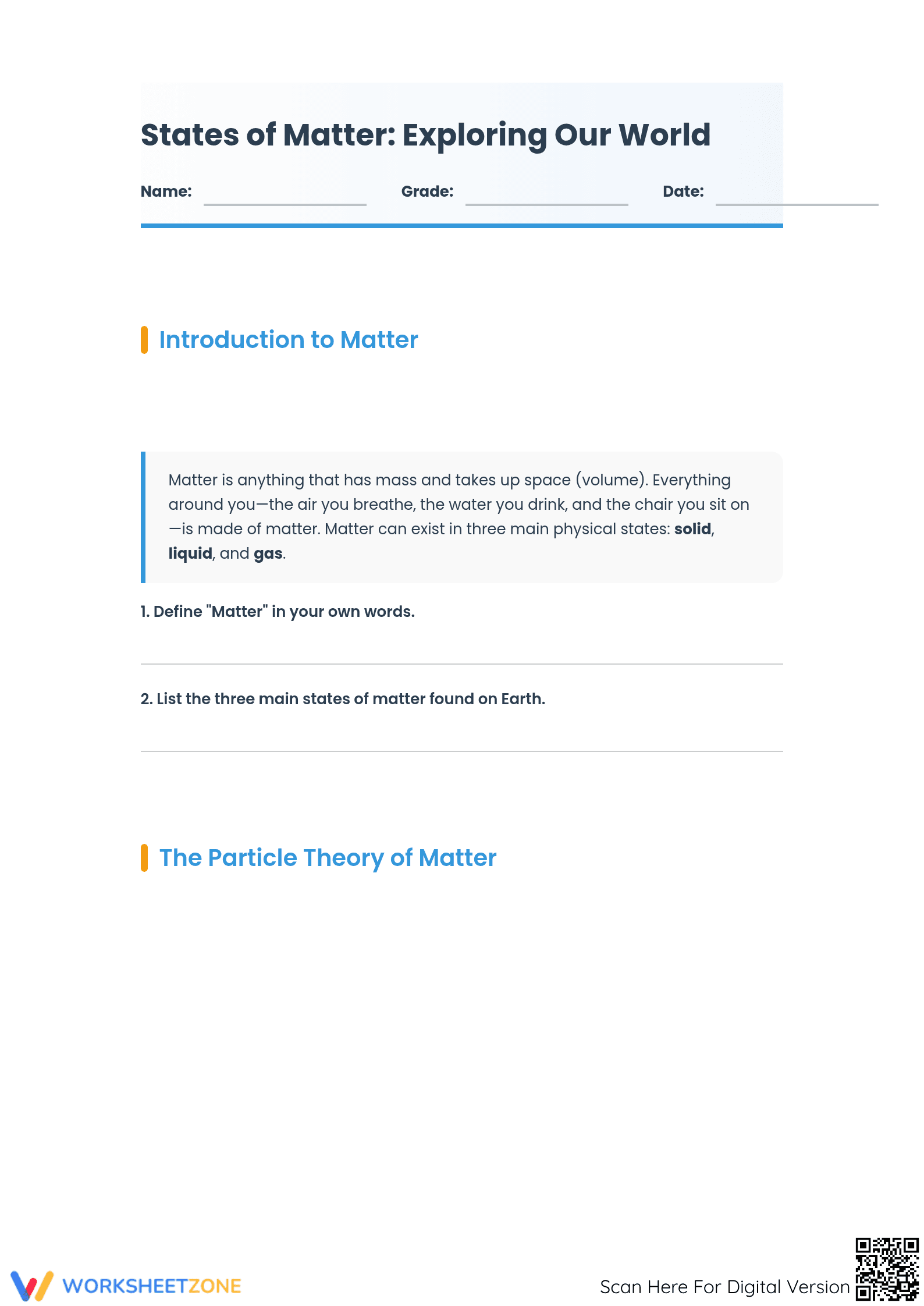 Grade 5-7 States of Matter — Printable No-Prep Worksheet - Page 1