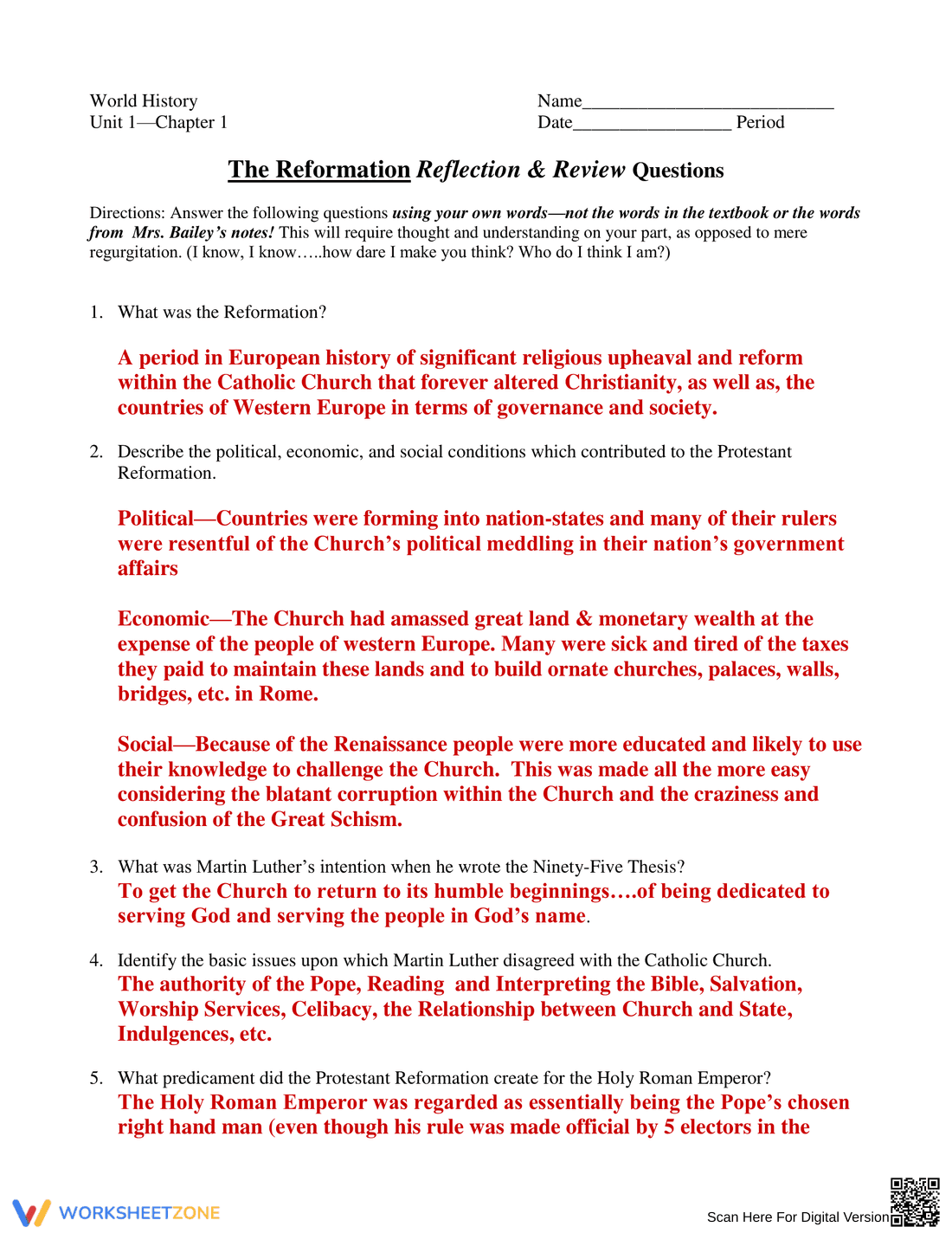 Renaissance & Reformation: A Reflection Worksheet - Page 1