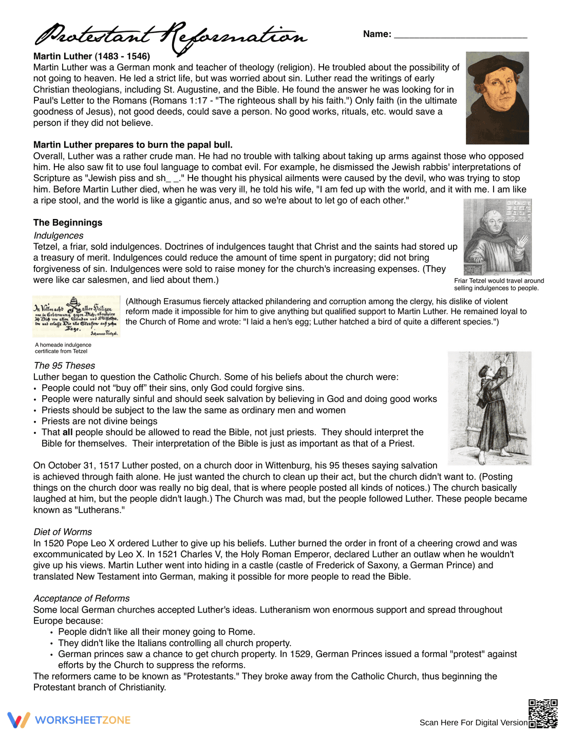 Reformation Worksheet: Exploring Historical Change - Page 1