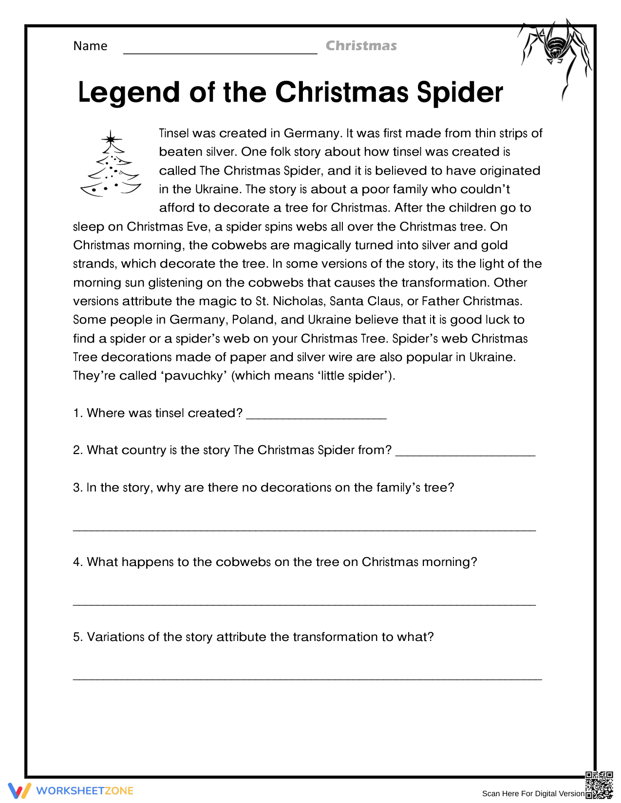 The Legend of the Christmas Spider Worksheet - Page 1