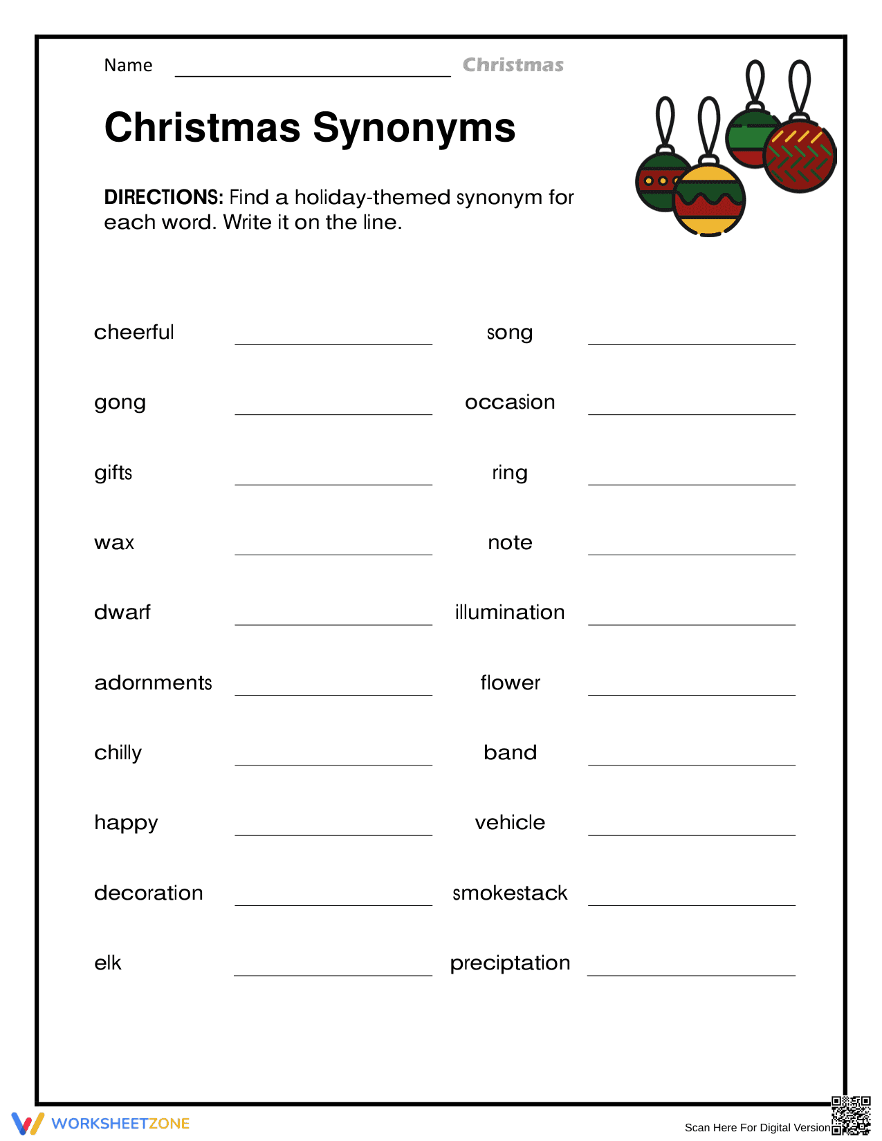 Christmas Synonyms Vocabulary Worksheet - Page 1