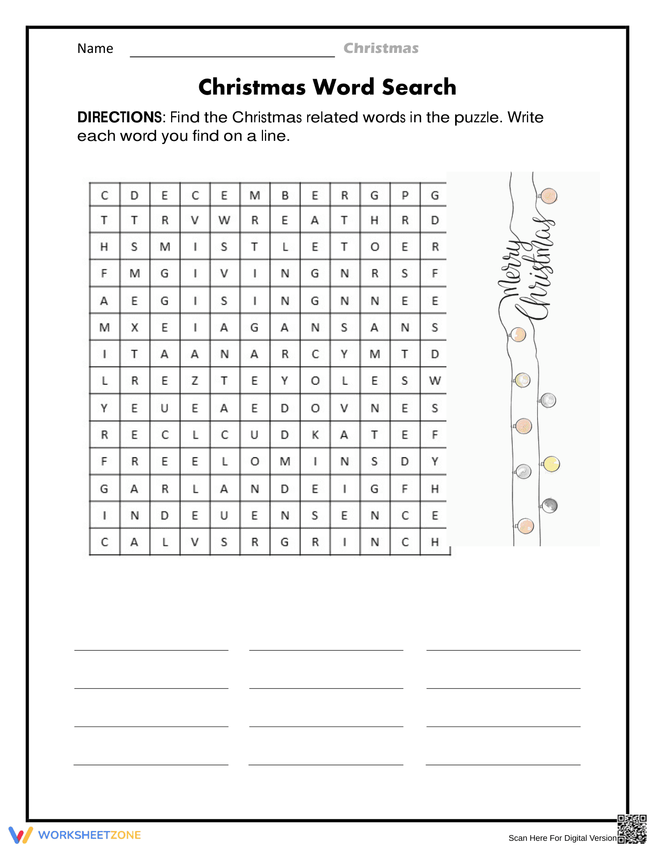 Engaging Christmas Word Search Worksheet - Page 1
