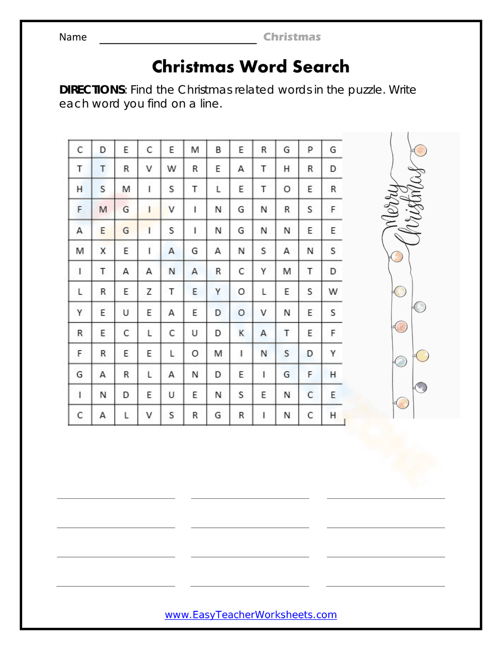 Engaging Christmas Word Search Worksheet - Page 1