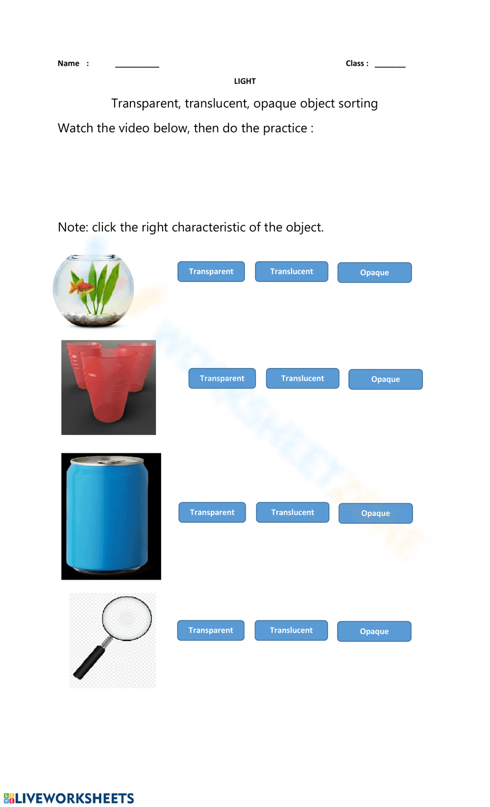 Transparent, Translucent & Opaque Object Sorting - Page 1