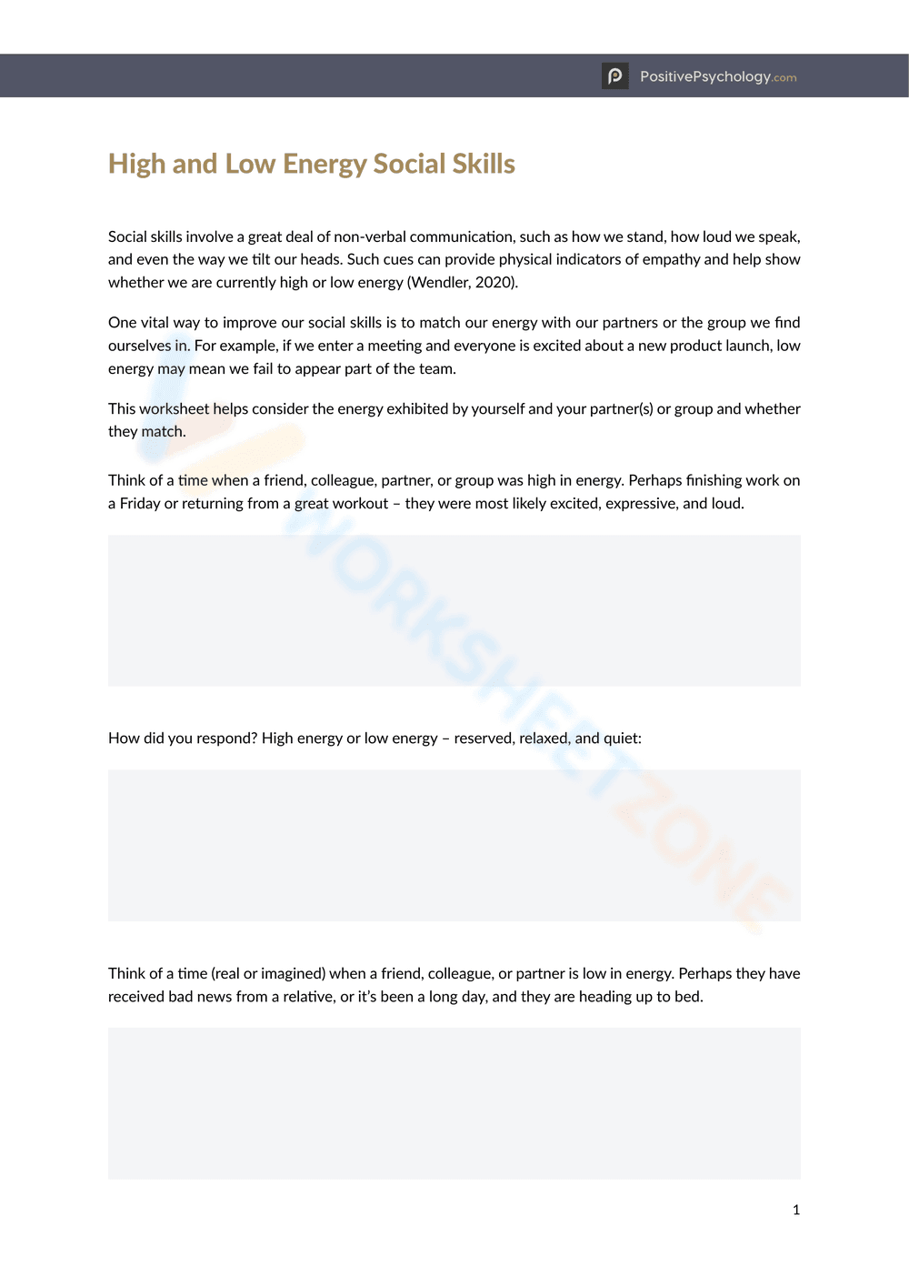 High and Low Energy Social Skills Worksheet - Page 1