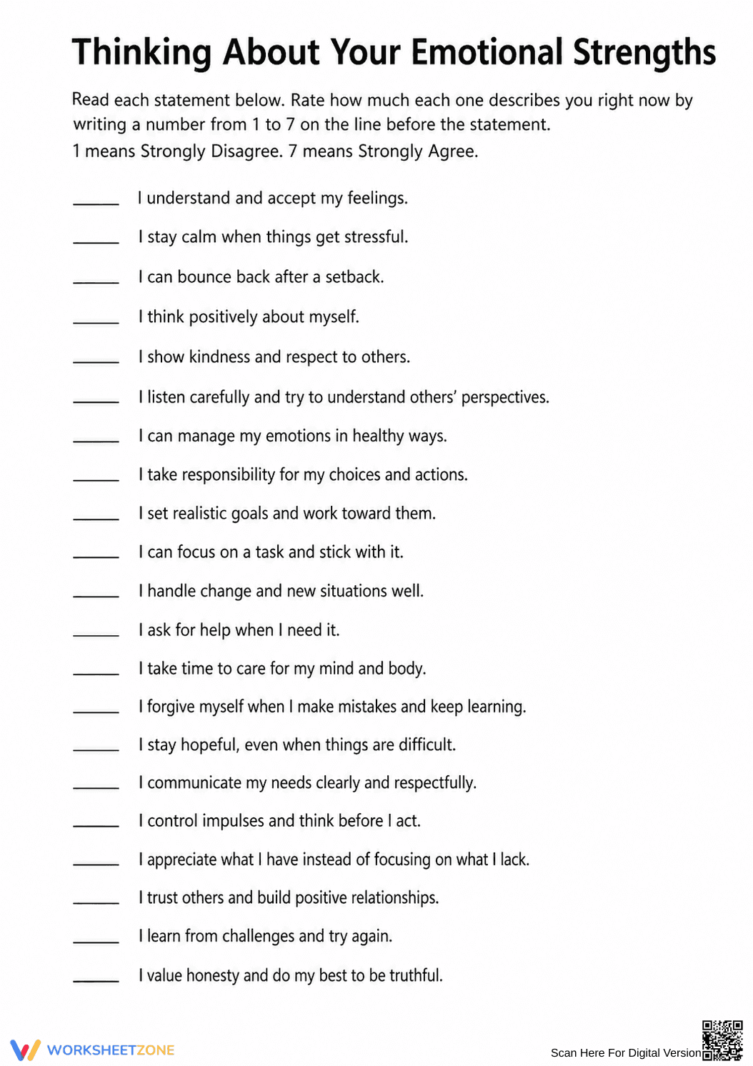 Printable Emotional Strengths Worksheet | Grade 12 - Page 1