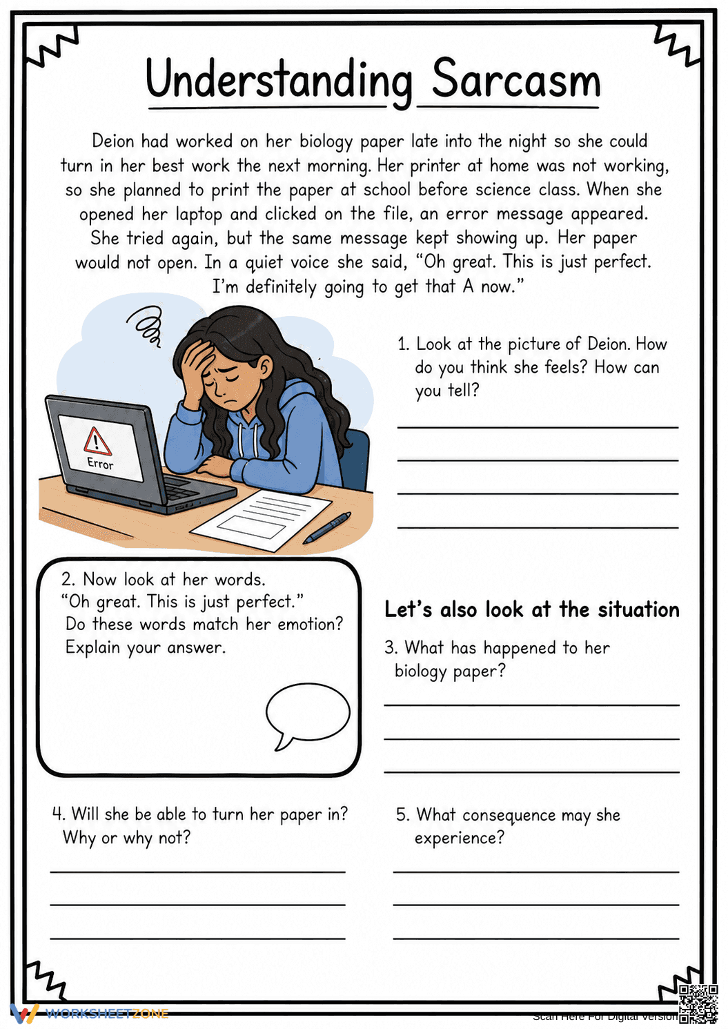 Understanding Sarcasm Worksheet | Grade 9-12 Printable - Page 1