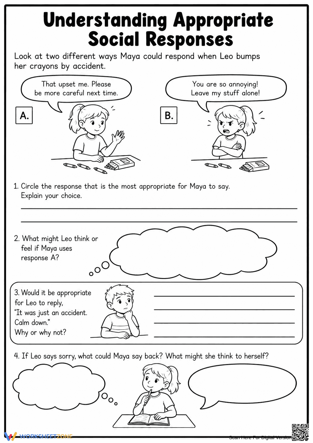 Essential Social Responses Worksheet | Grade 3 Social Skills - Page 1