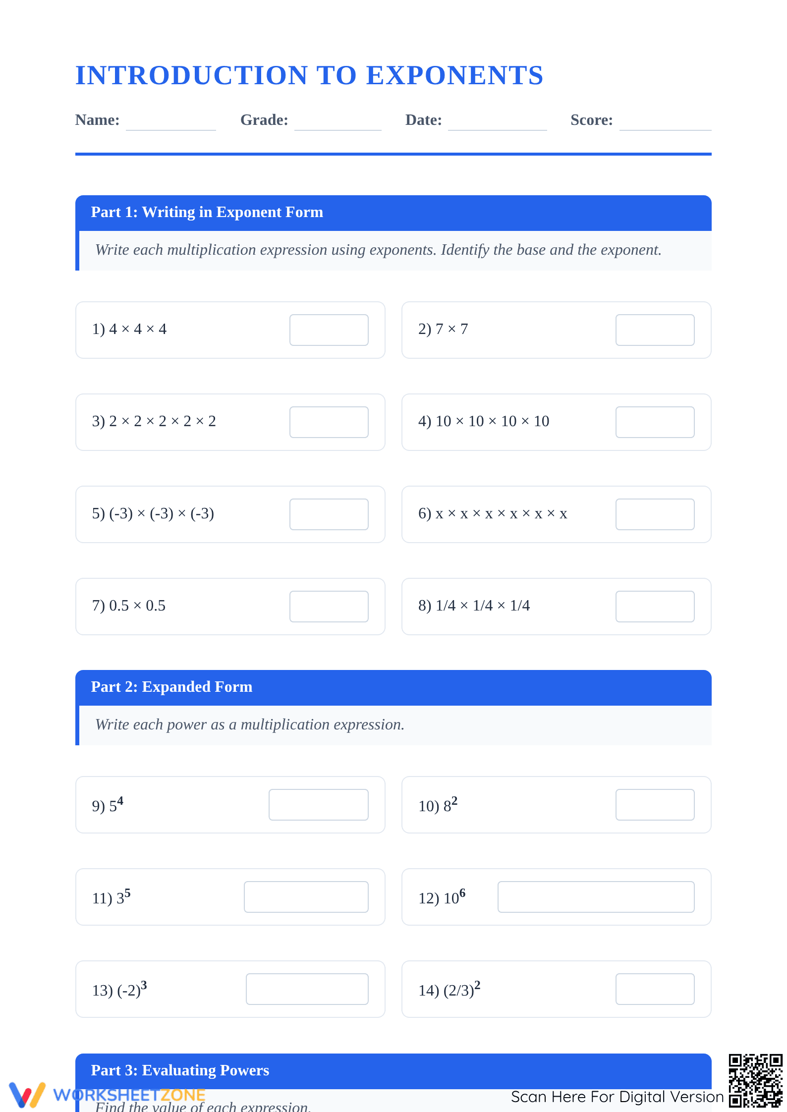 Printable Introduction to Exponents Worksheet | Grade 8 Math - Page 1