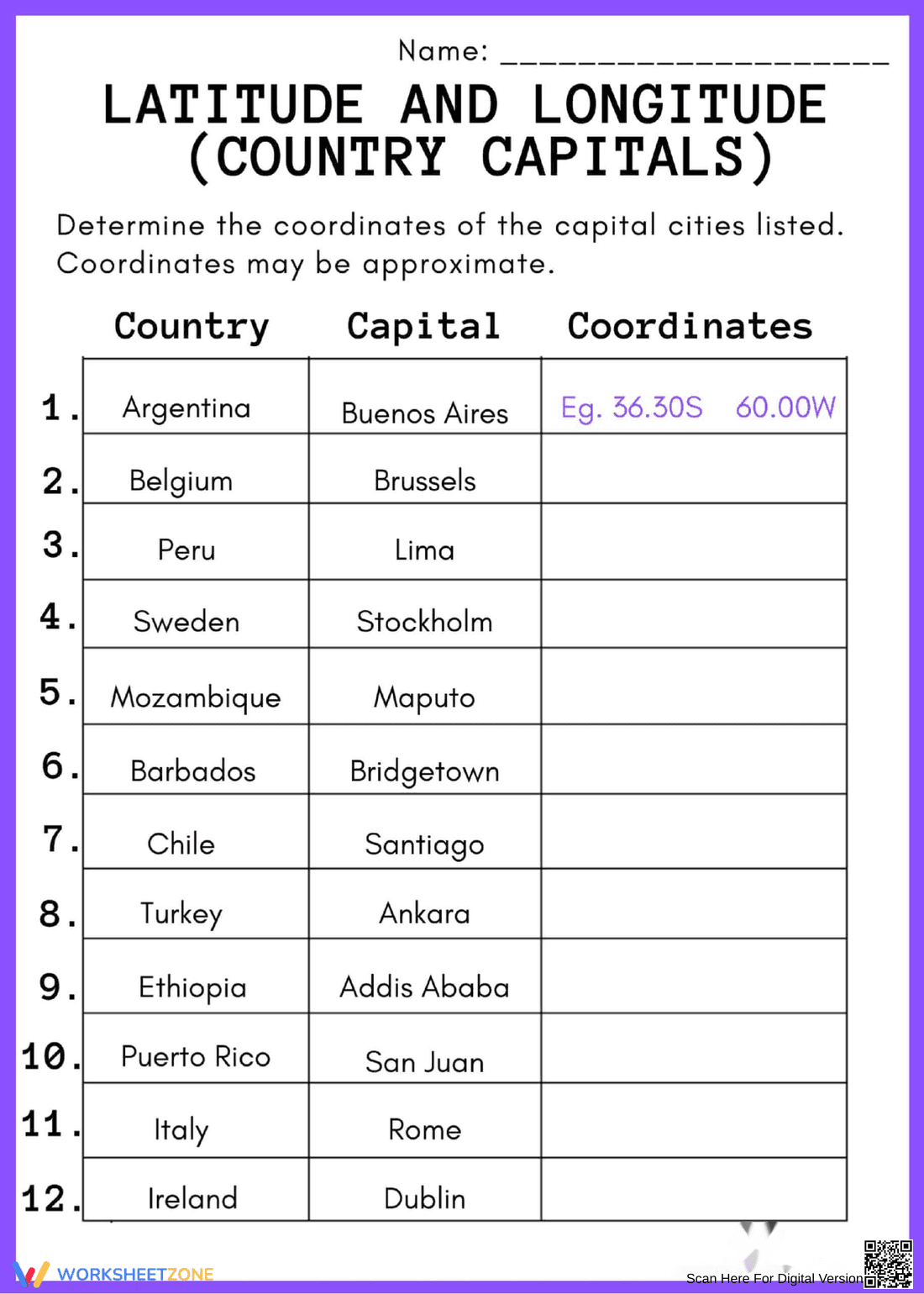 Match Country Capital with this Worksheet - Page 1