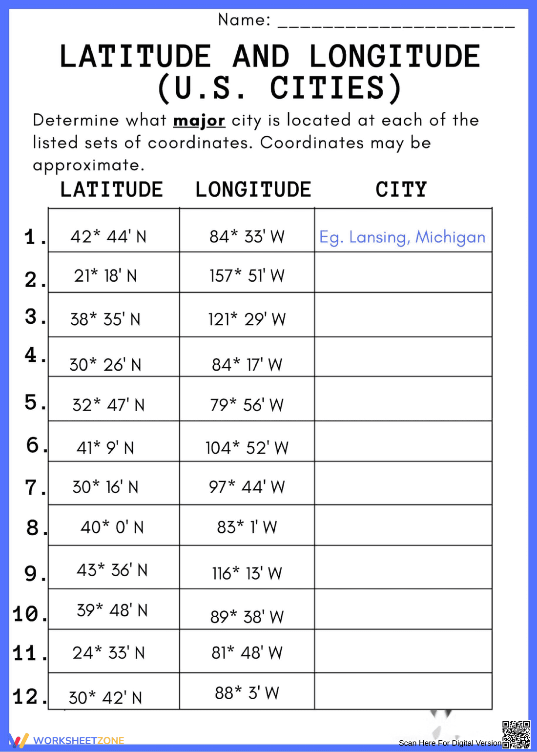 Identify US City with this Worksheet - Page 1