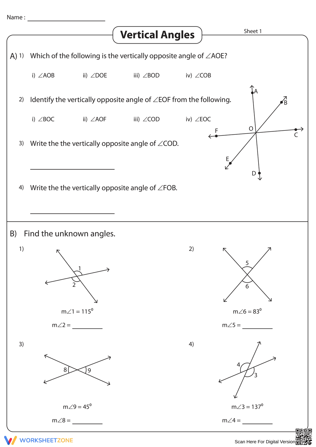 Identify Vertical Angles with this Worksheet - Page 1