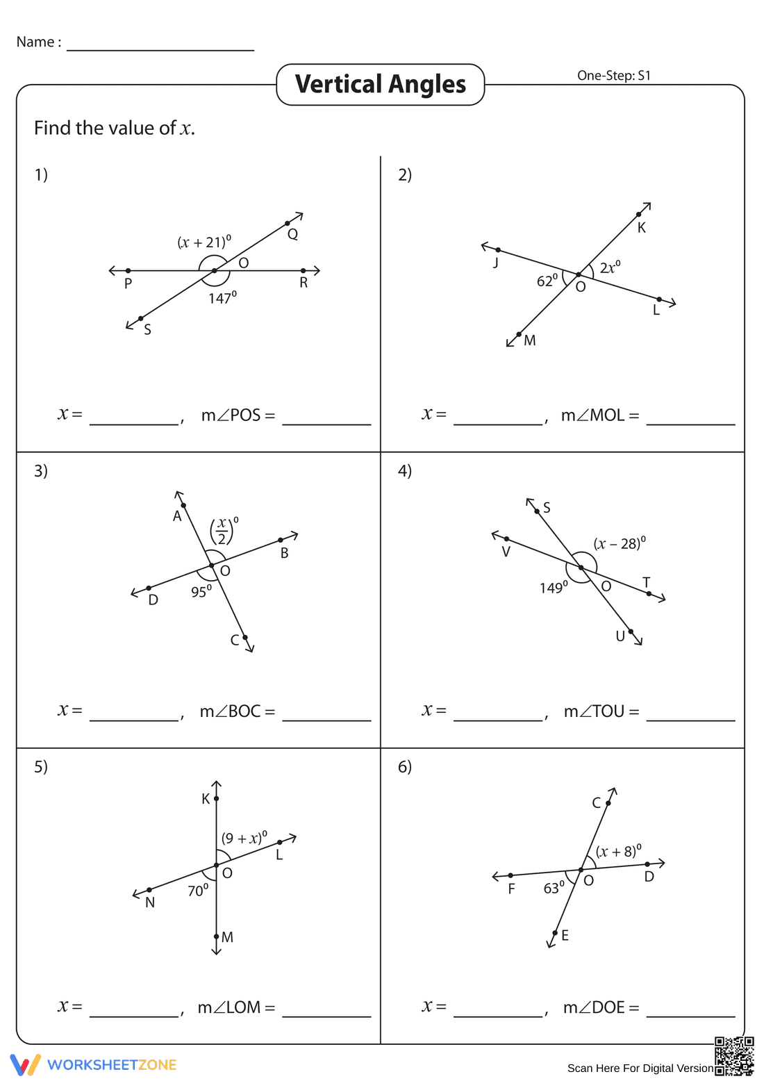 Vertical Angles Practice Worksheet (One-Step) - Page 1