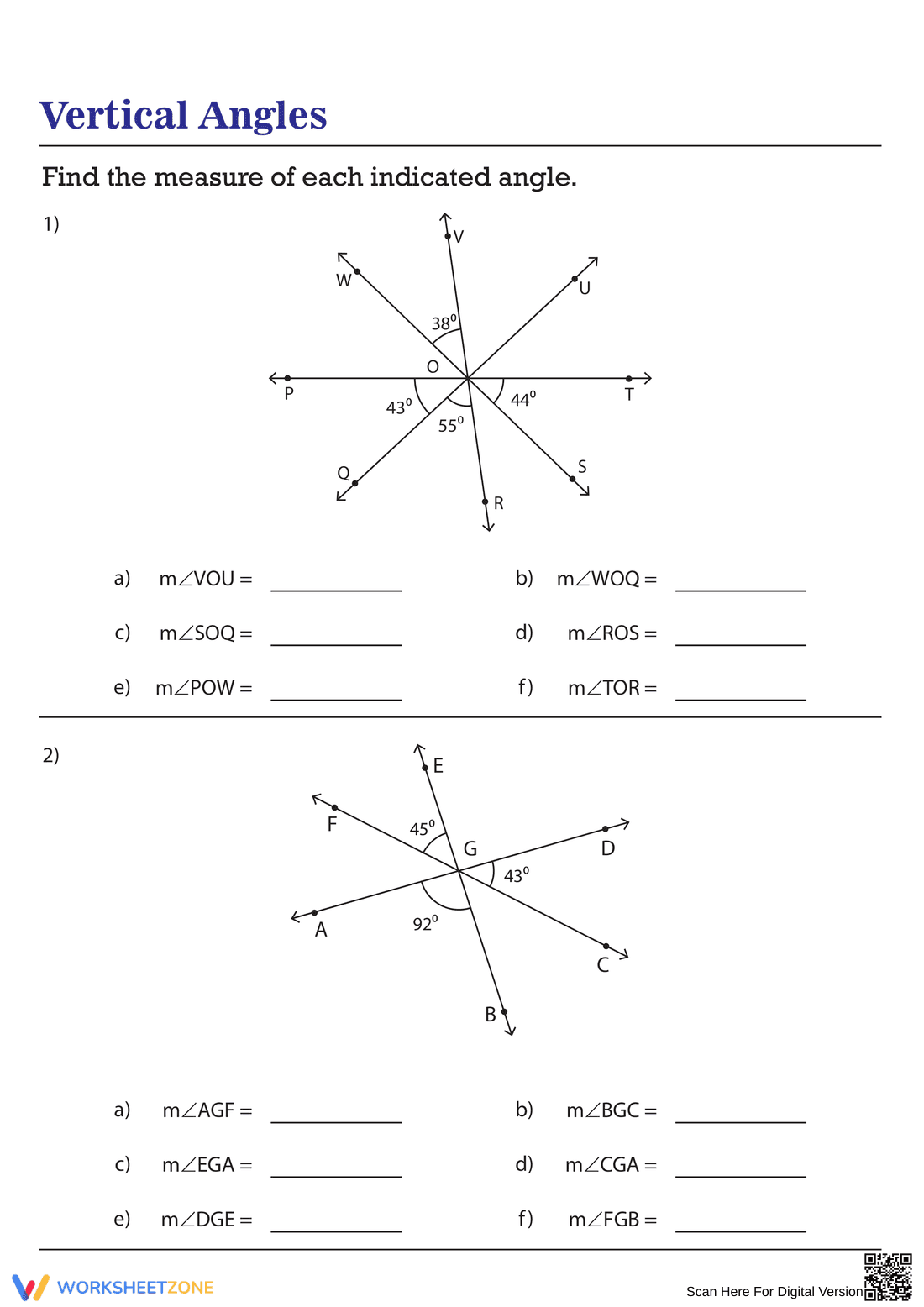 Vertical Angles: Find the Measure of Each Angle Worksheet - Page 1