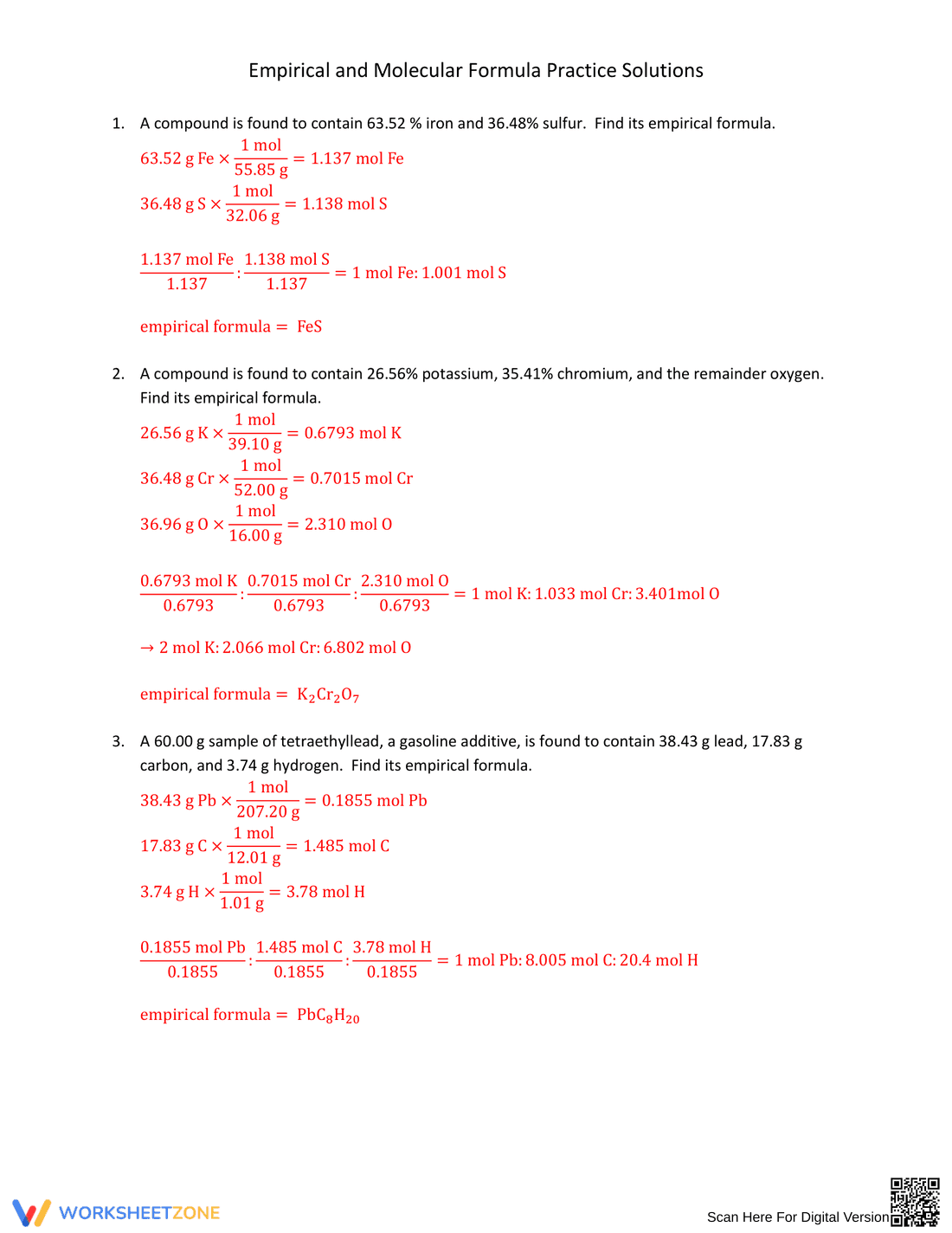Practice Empirical Formula with Solutions Worksheet - Page 1