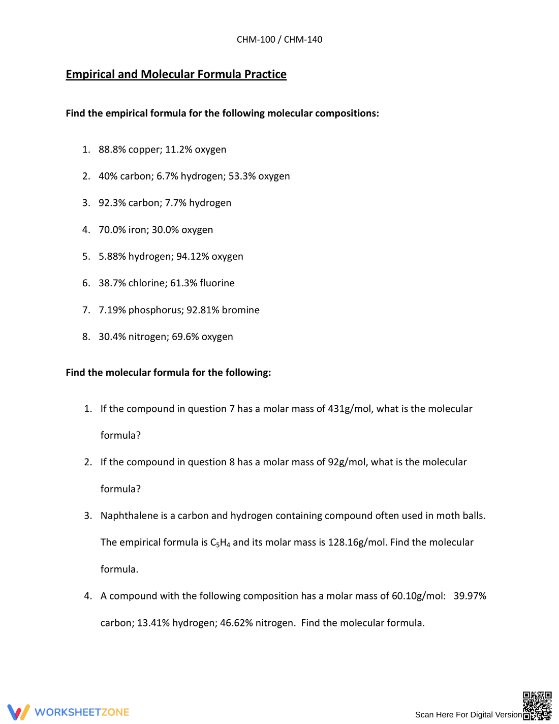Worksheet: Empirical and Molecular Formula Practice - Page 1