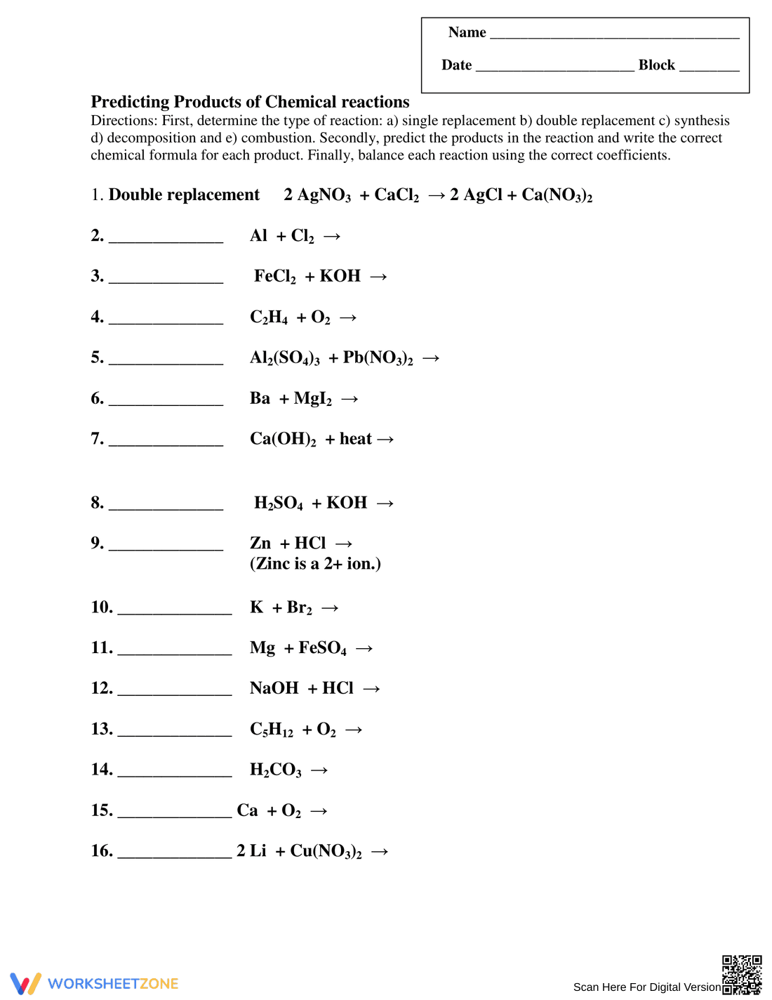 Predicting Chemical Reactions Products Worksheet - Page 1