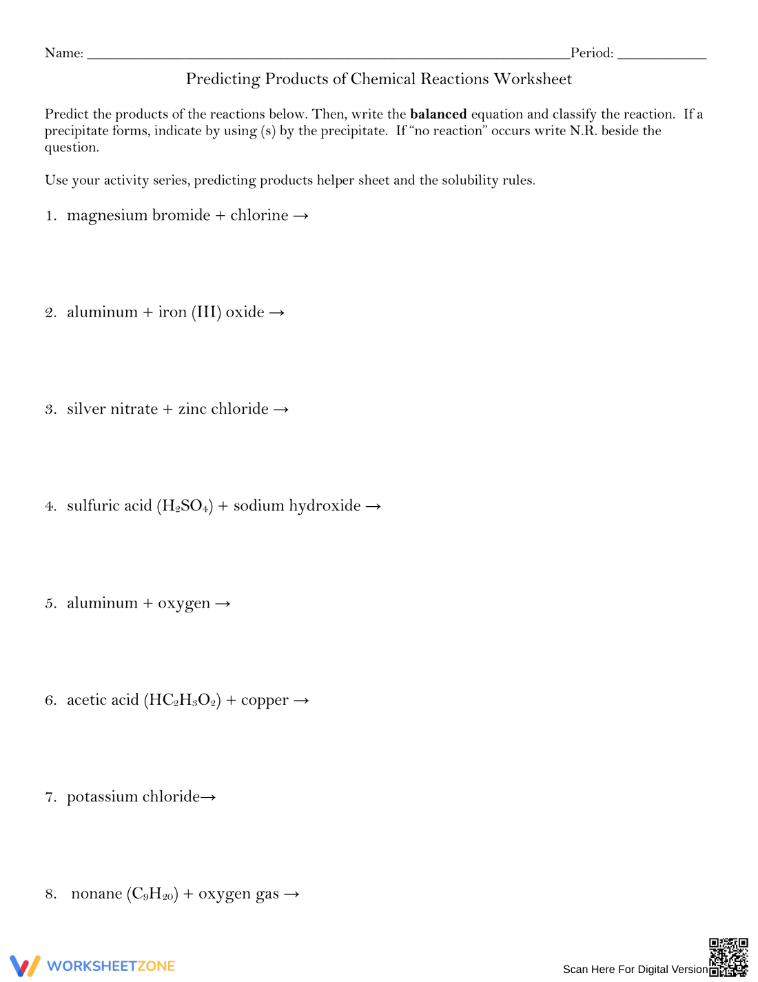 Predict Products of Chemical Reactions Worksheet - Page 1