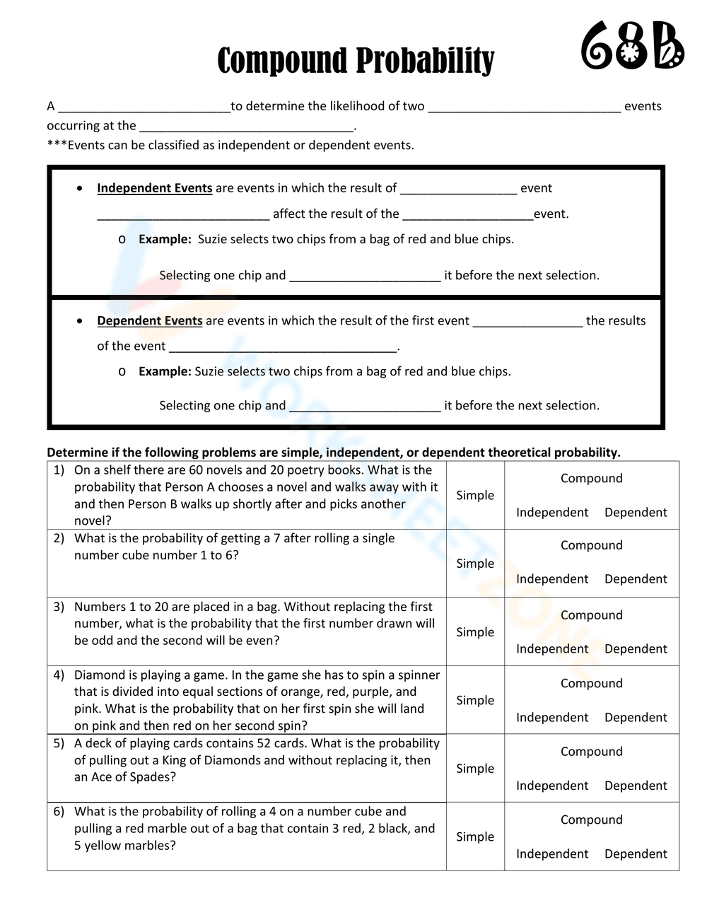 Updated Compound Probabilities Worksheet for Math - Page 1