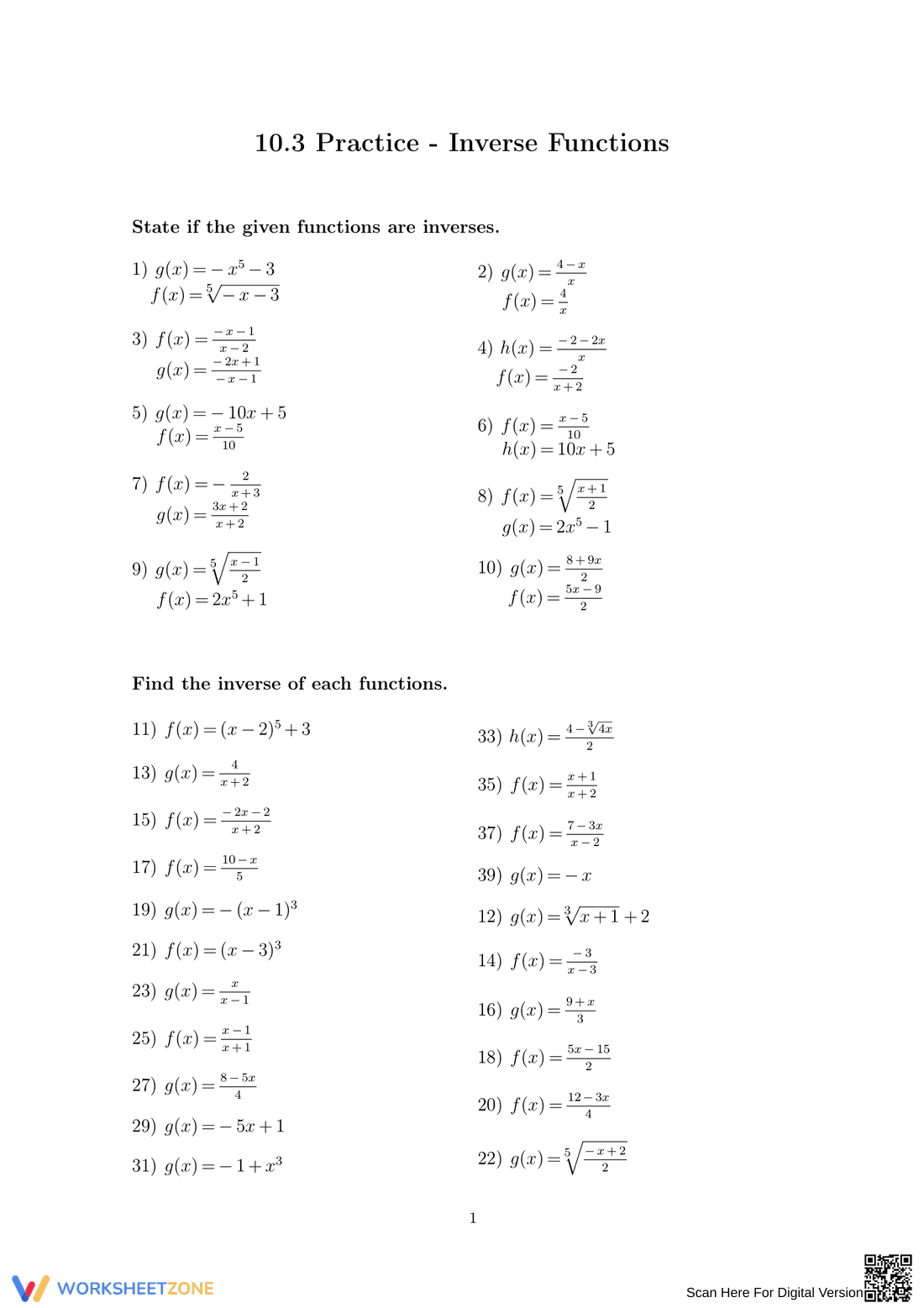 Practice Inverse Functions: Comprehensive Exercises - Page 1