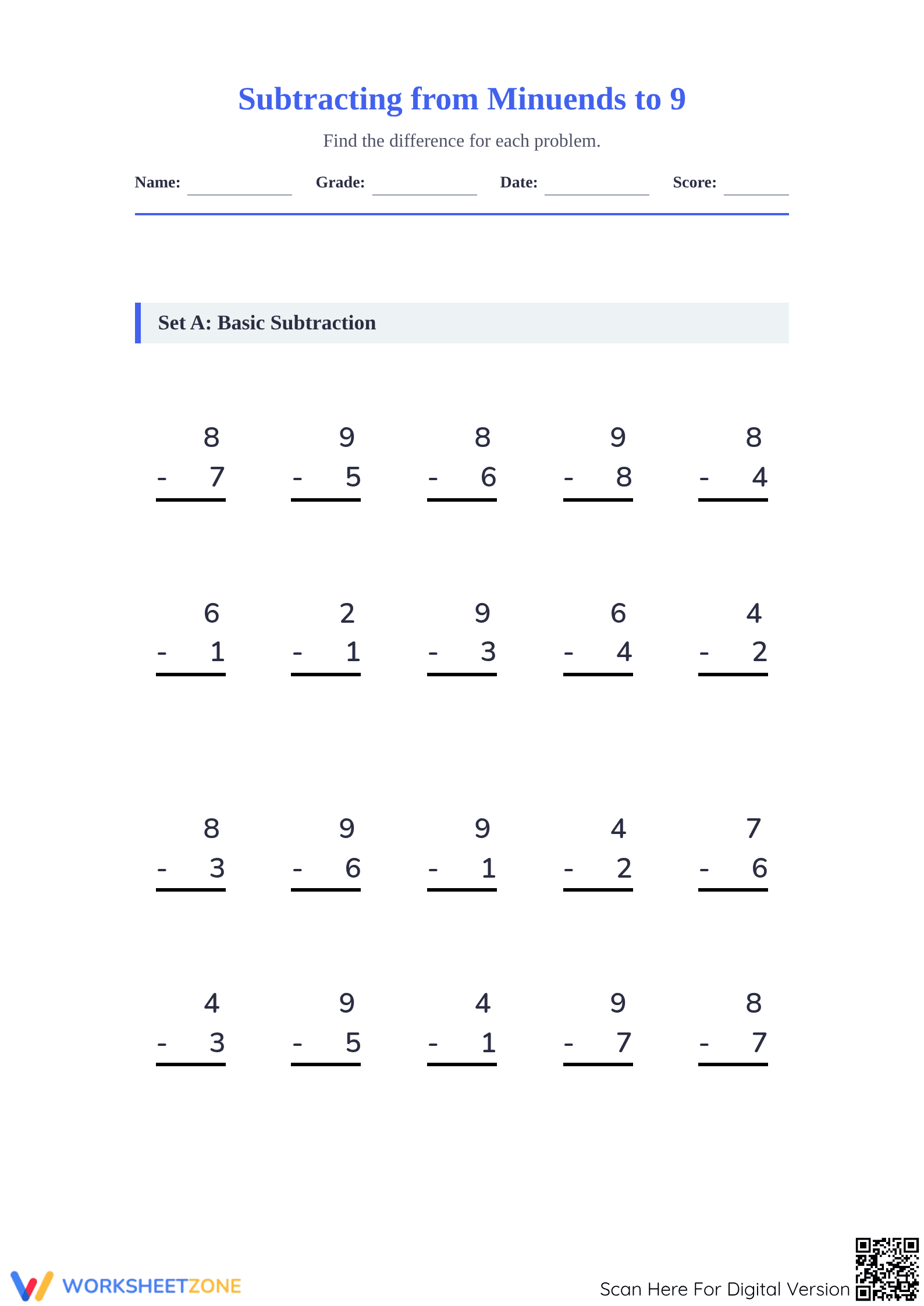 Essential 1-Digit Subtraction Printable Worksheet Set - Page 1