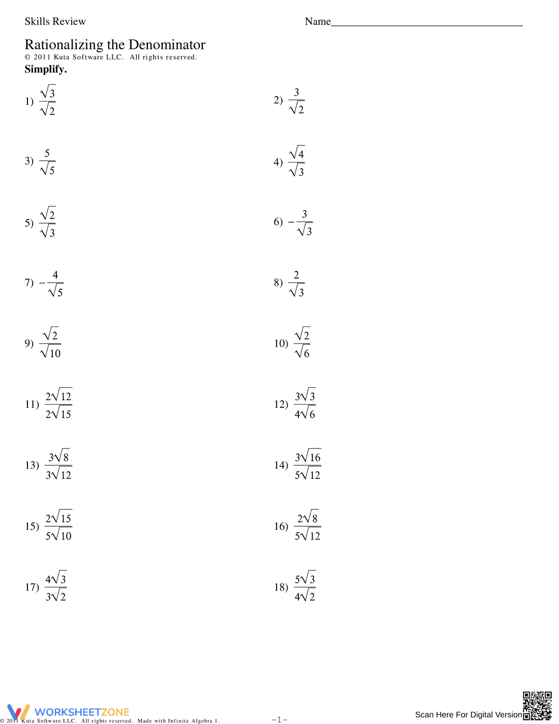 Rationalizing the Denominator Worksheet - Page 1