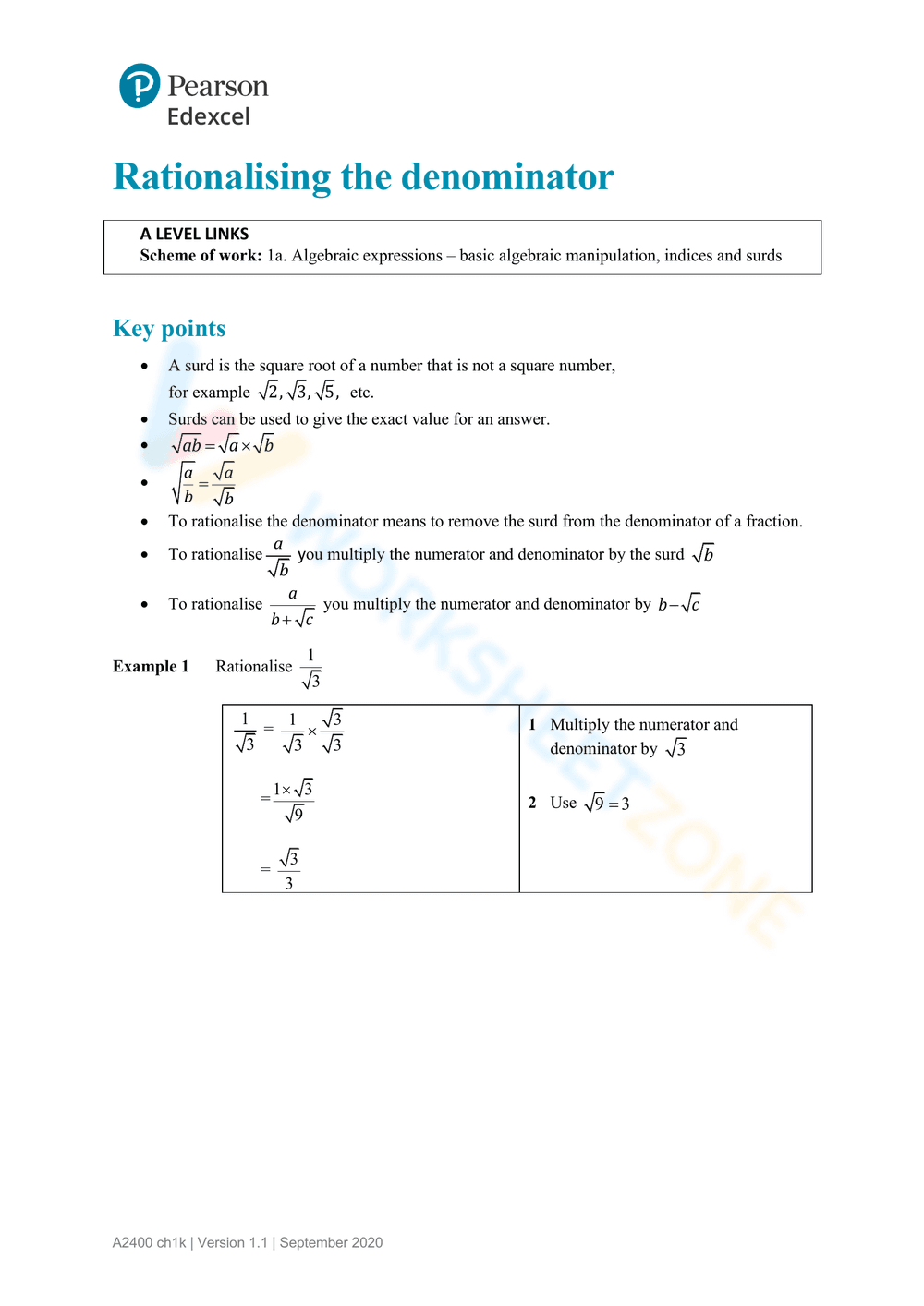 Practice Rationalizing the Denominator - Page 1