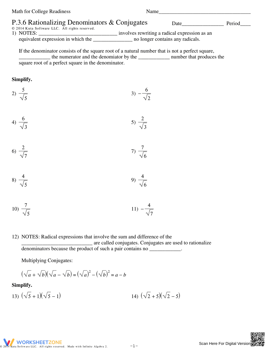 Rationalizing Denominators with Conjugates - Page 1