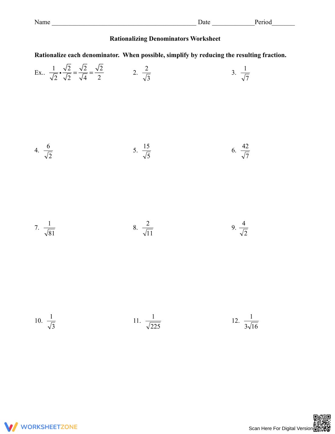 Rationalizing Denominators Worksheet - Page 1