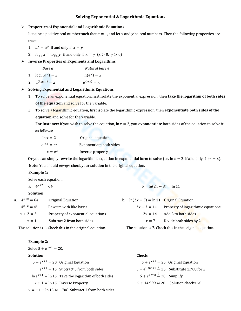 Solving Exponential & Logarithmic Equations - Page 1