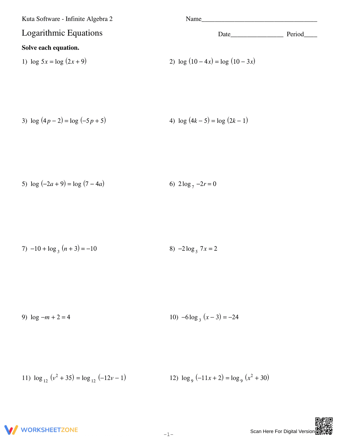 Solve Logarithmic Equations - Page 1