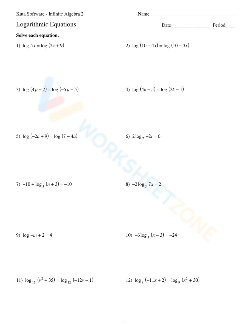 Solve Logarithmic Equations - Page 1