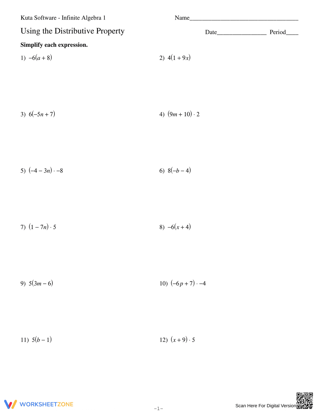 Using the Distributive Property: Worksheet - Page 1