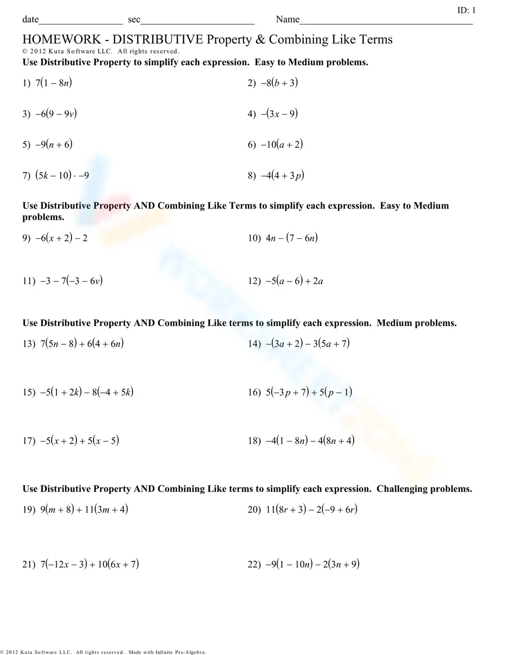 Distributive Property and Combining Terms - Page 1