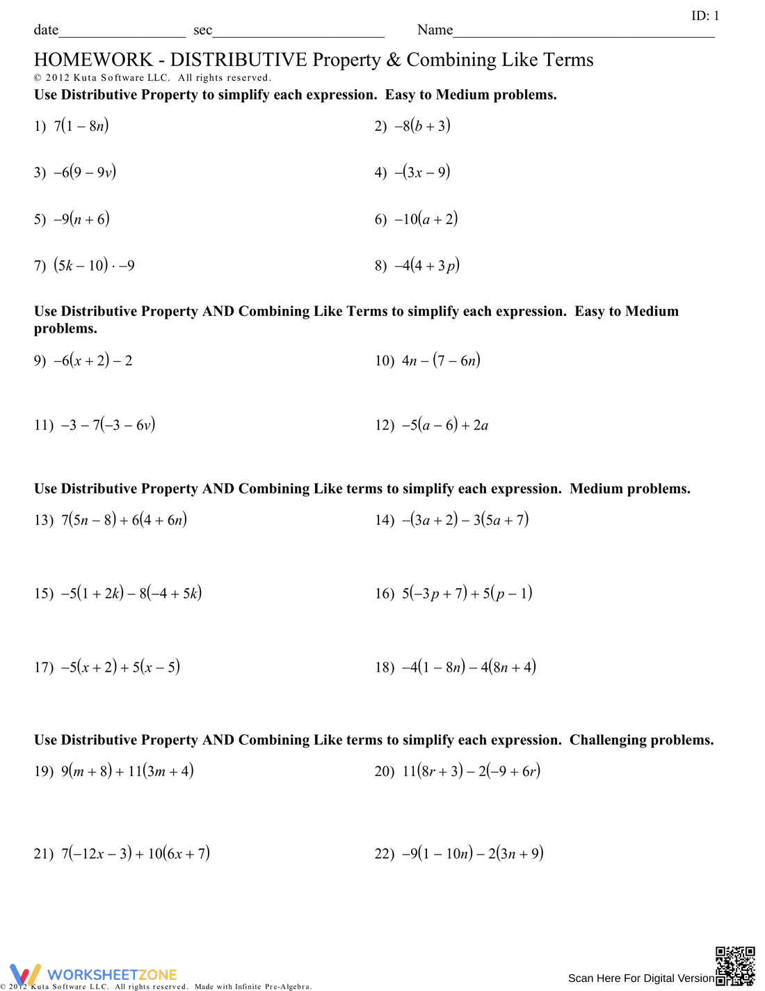 Distributive Property and Combining Terms - Page 1