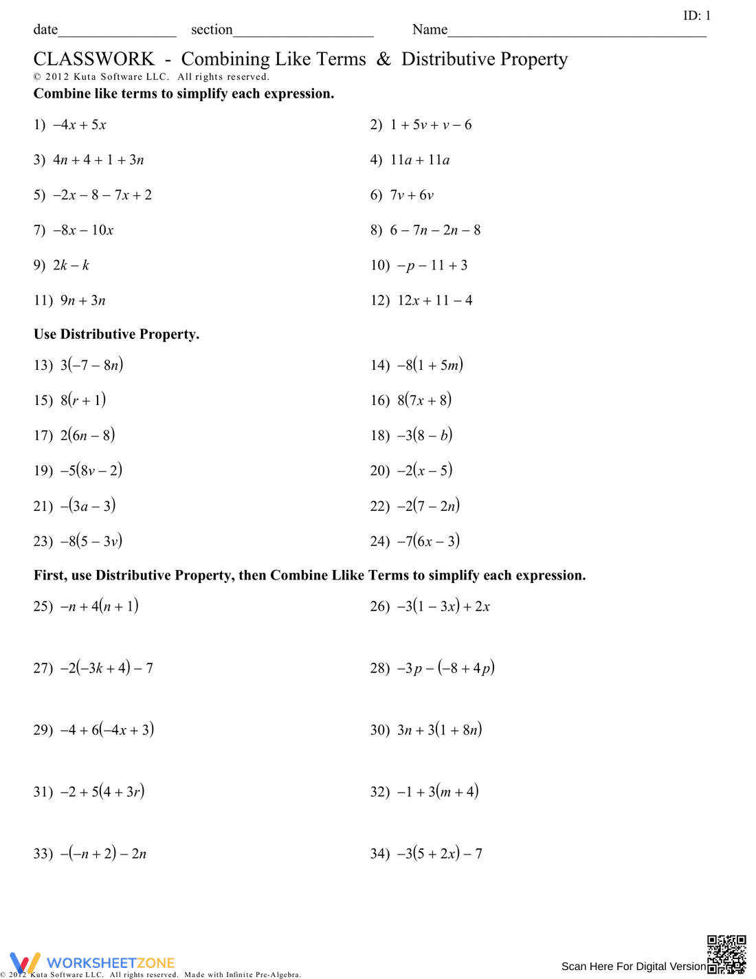 Combine Like Terms: Distributive Property - Page 1