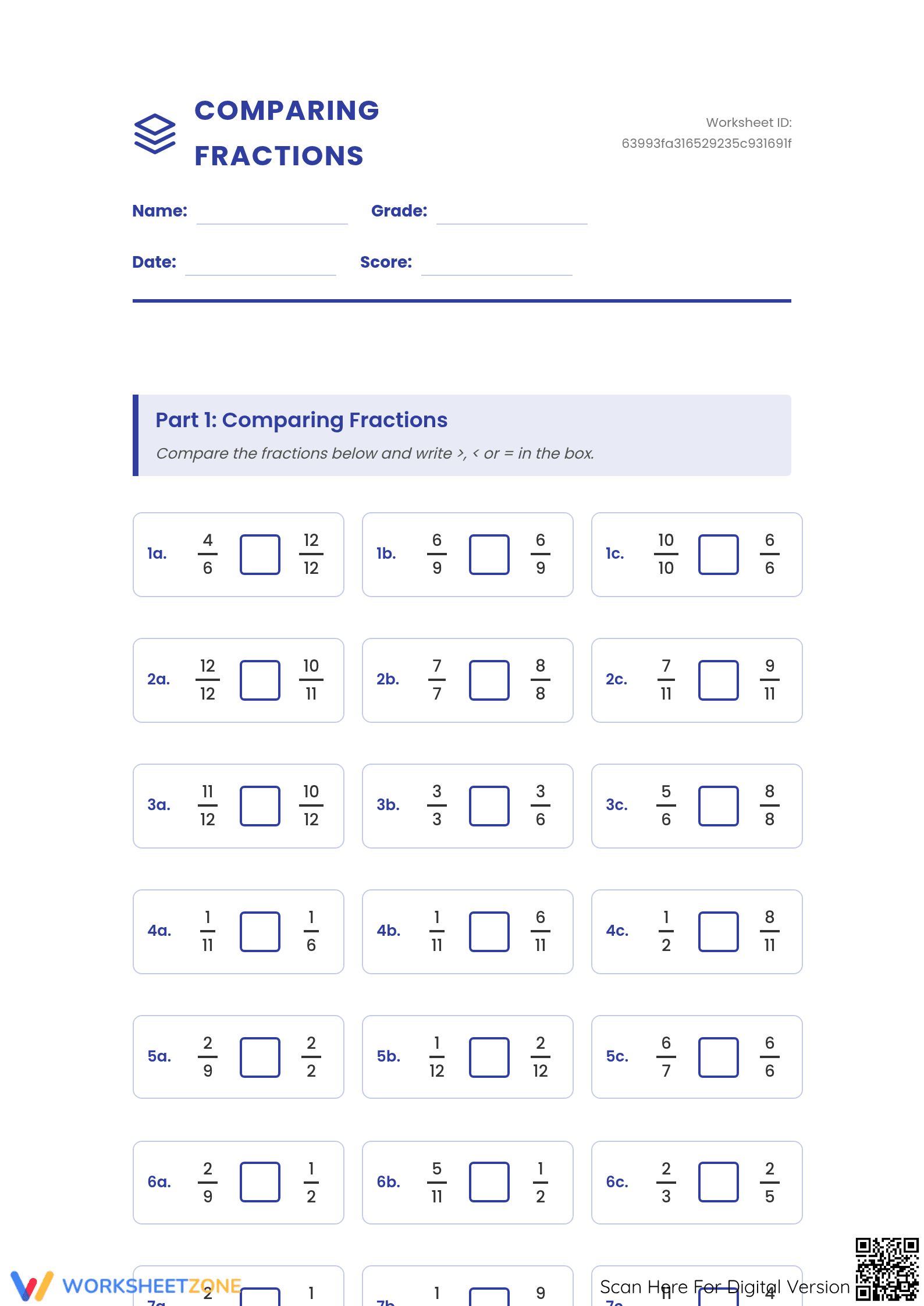 Printable Comparing Fractions Worksheet | Grade 5 & 6 Math - Page 1