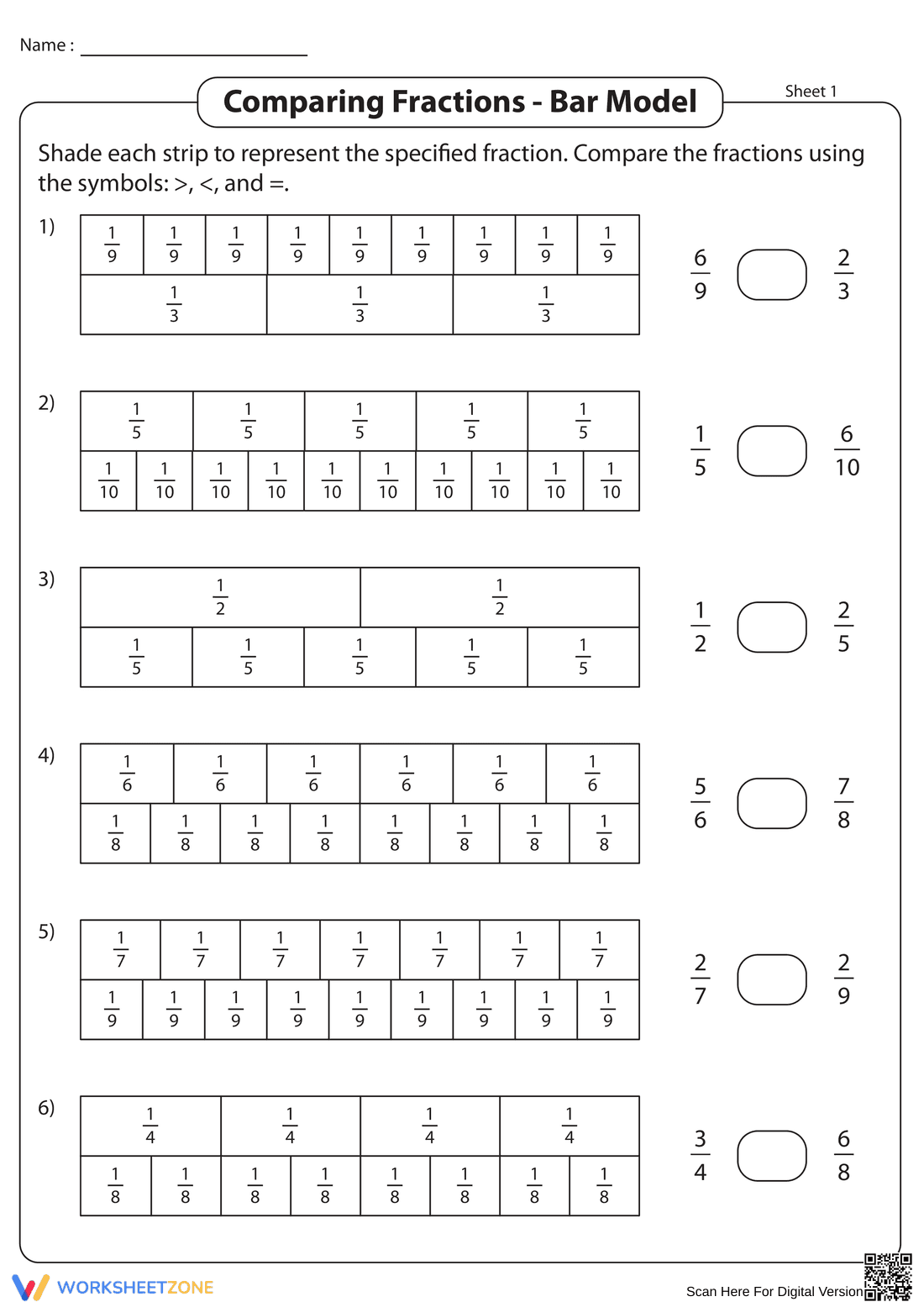 Bar Model: Comparing Fractions Worksheet - Page 1