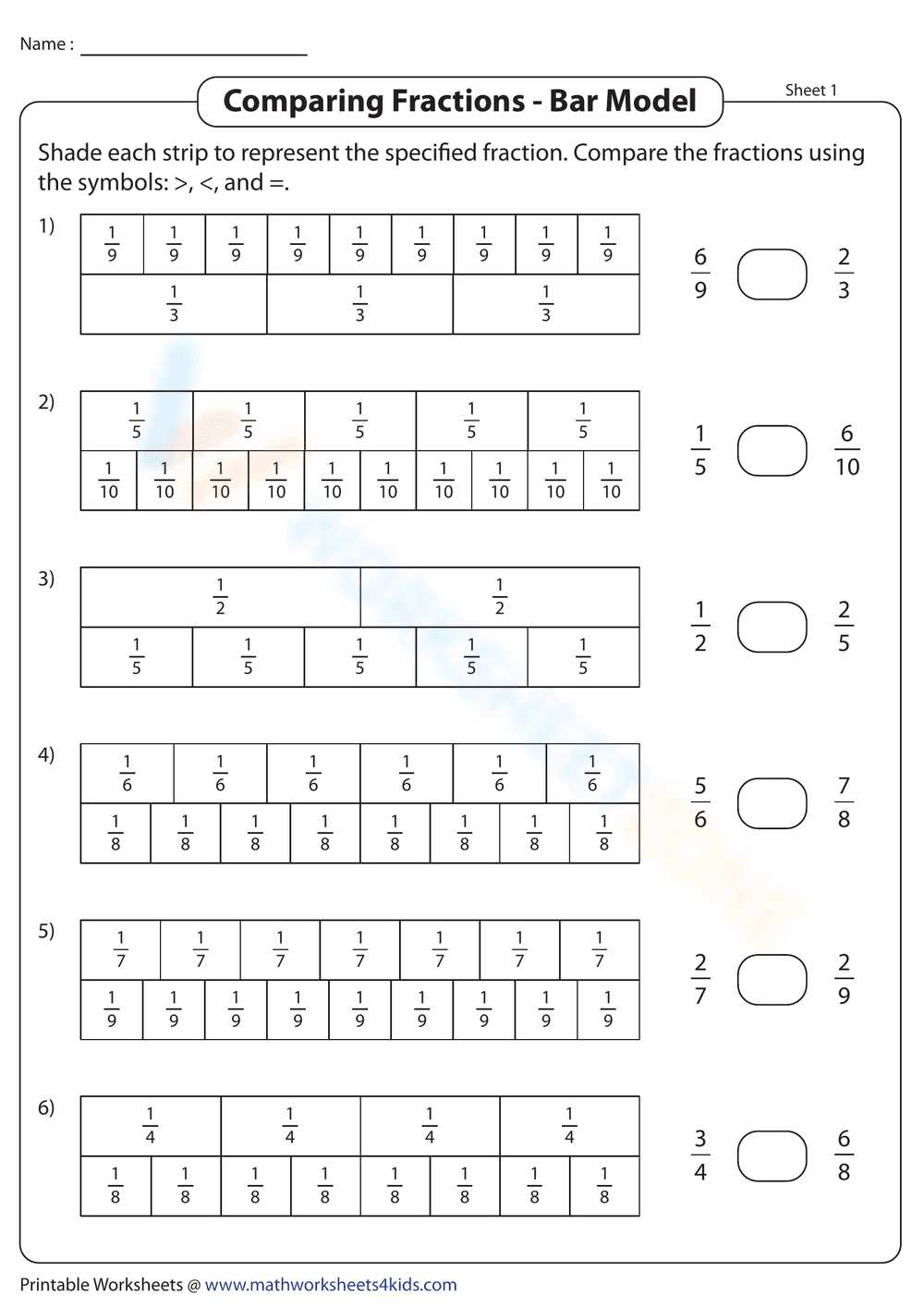Bar Model: Comparing Fractions Worksheet - Page 1