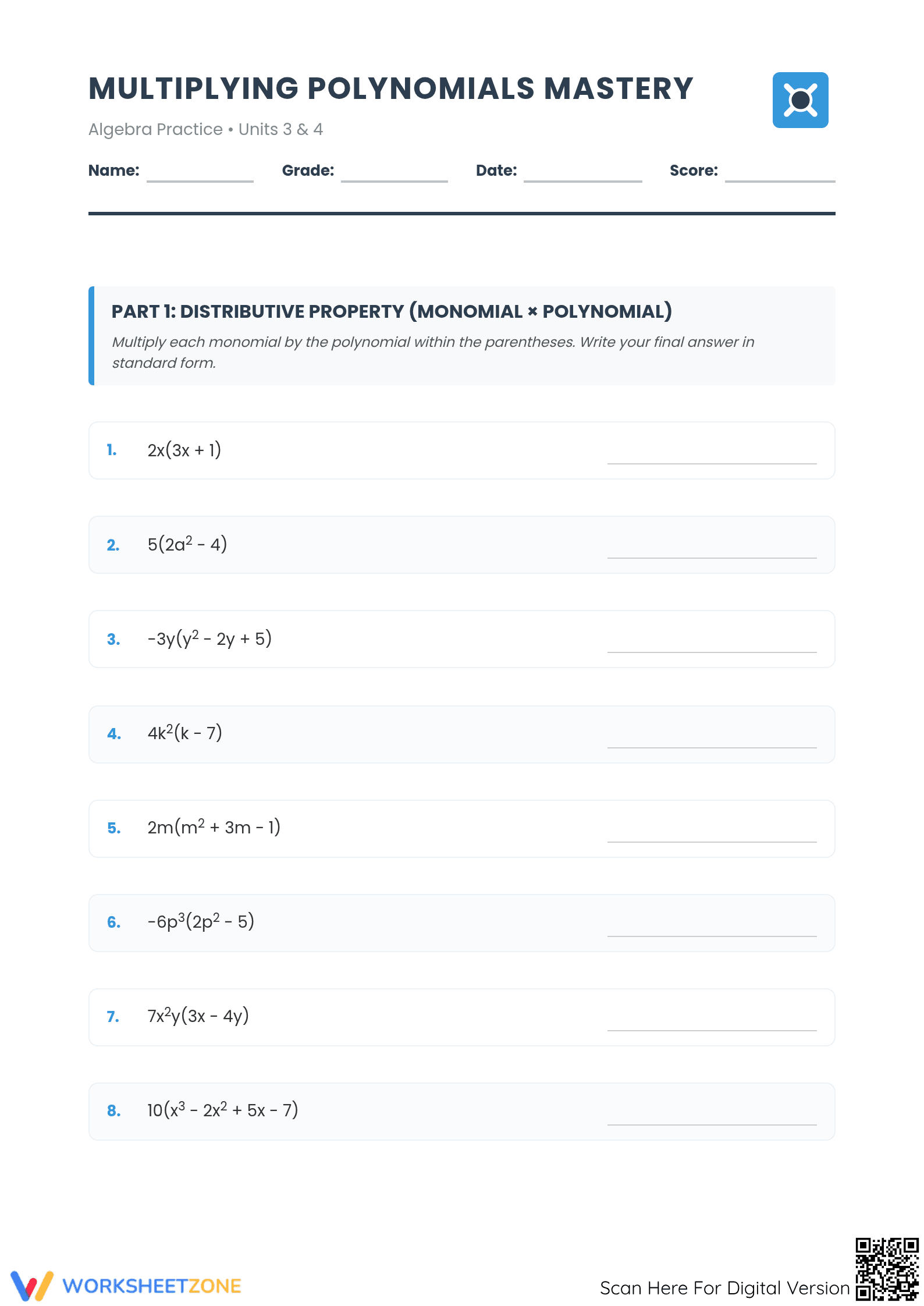 Multiplying Polynomials Worksheet | Essential Algebra Prep - Page 1